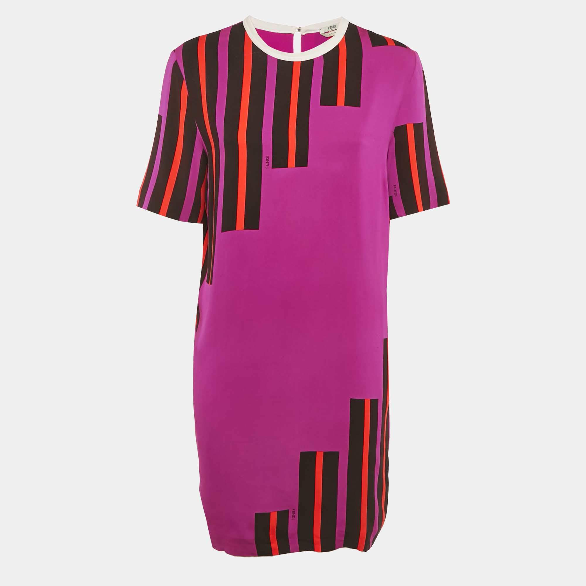 Pre Owned Fendi Purple Striped Crepe Shift Dress M