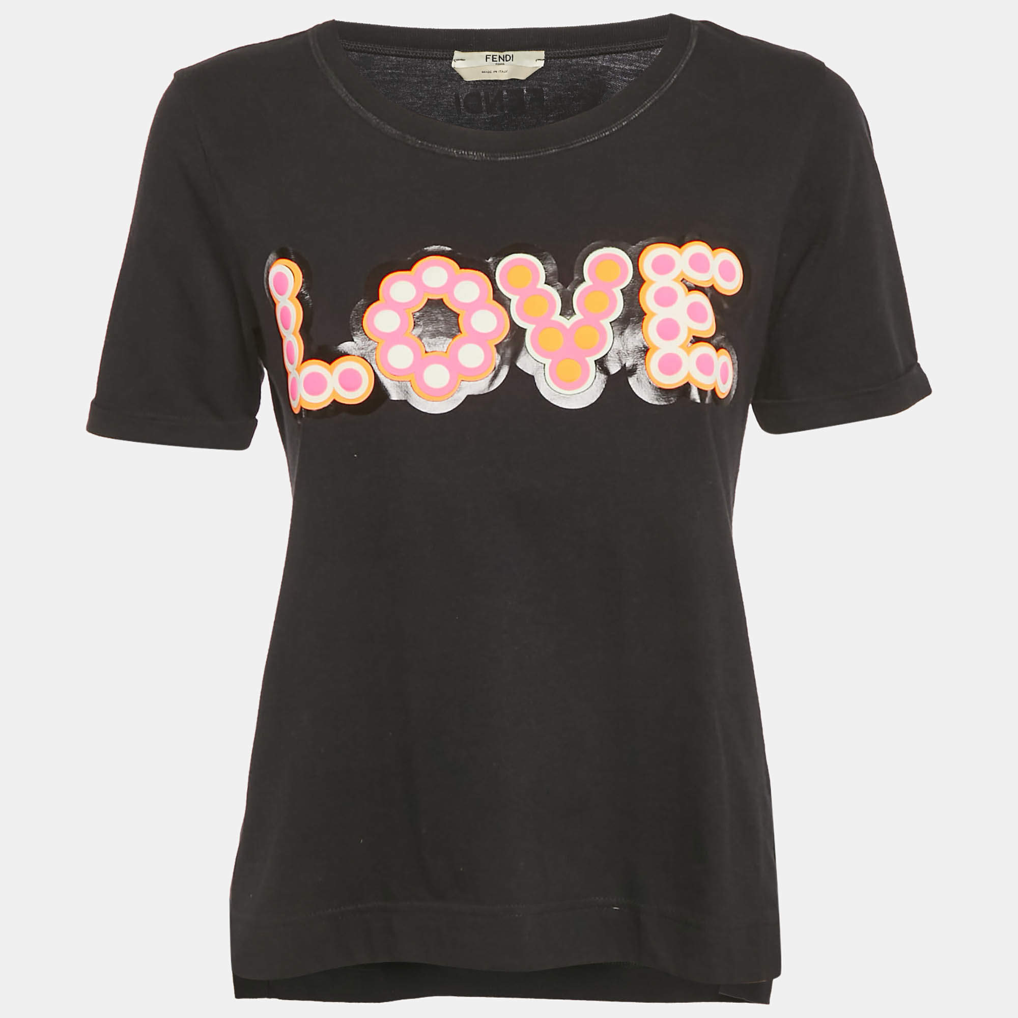 Pre Owned Fendi Black Love Applique Cotton T-Shirt S