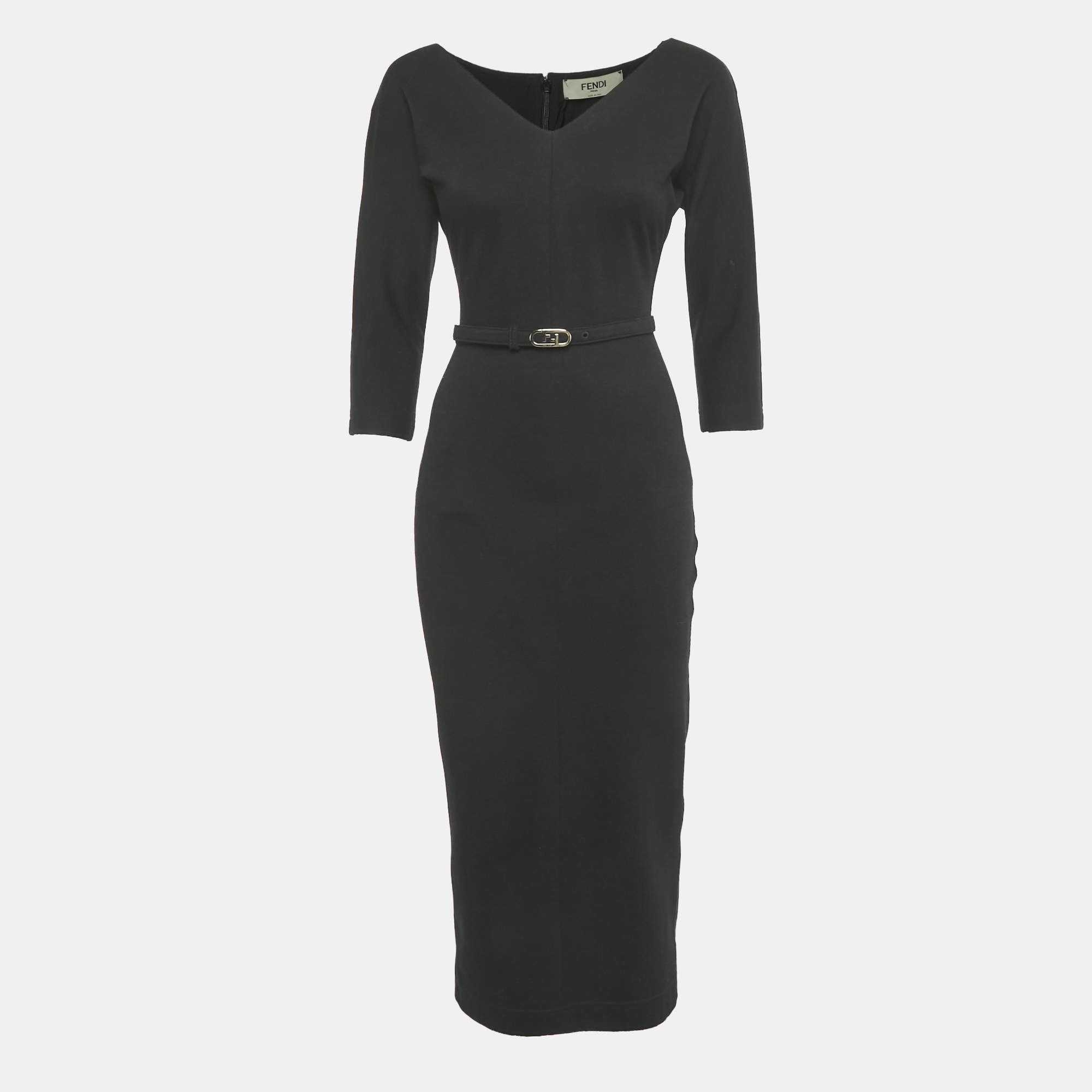 Pre Owned Fendi Black Wool Blend Belted Midi Dress S