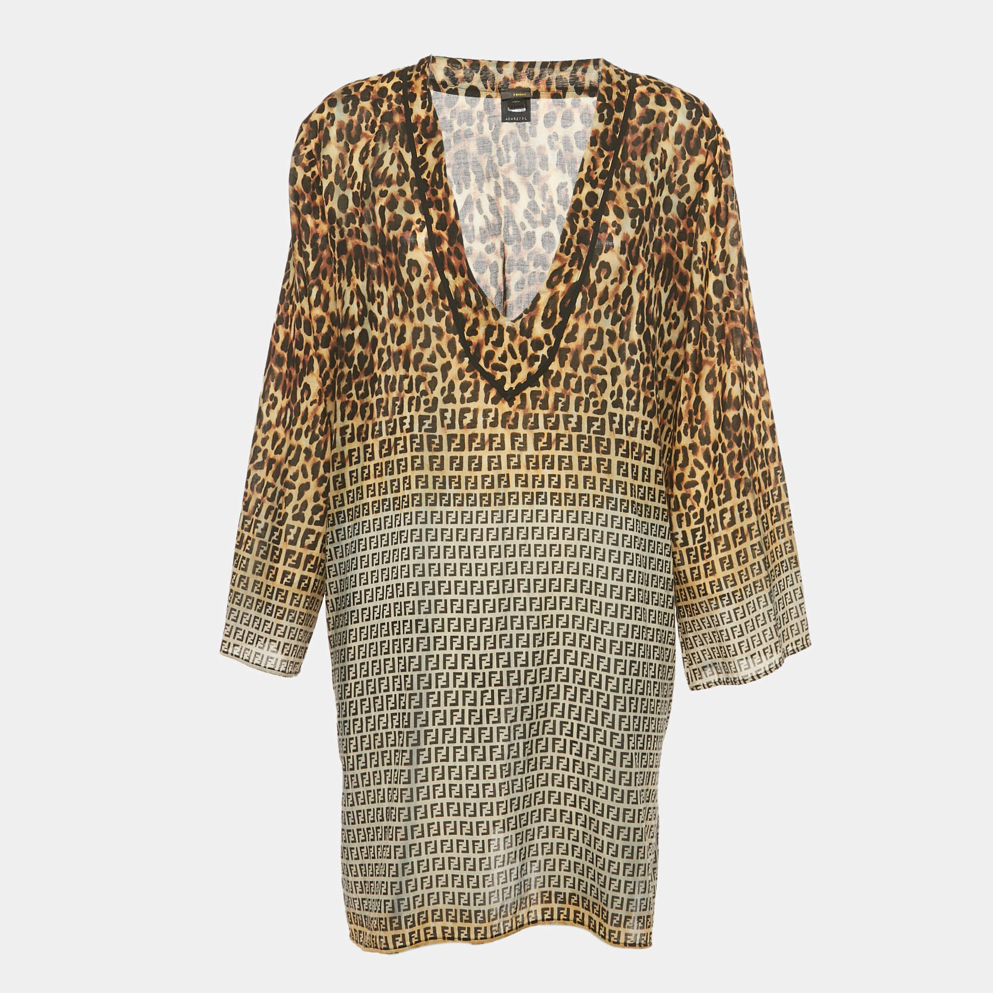 Pre Owned Fendi Brown Animal Print Cotton Plunge Neck Tunic M