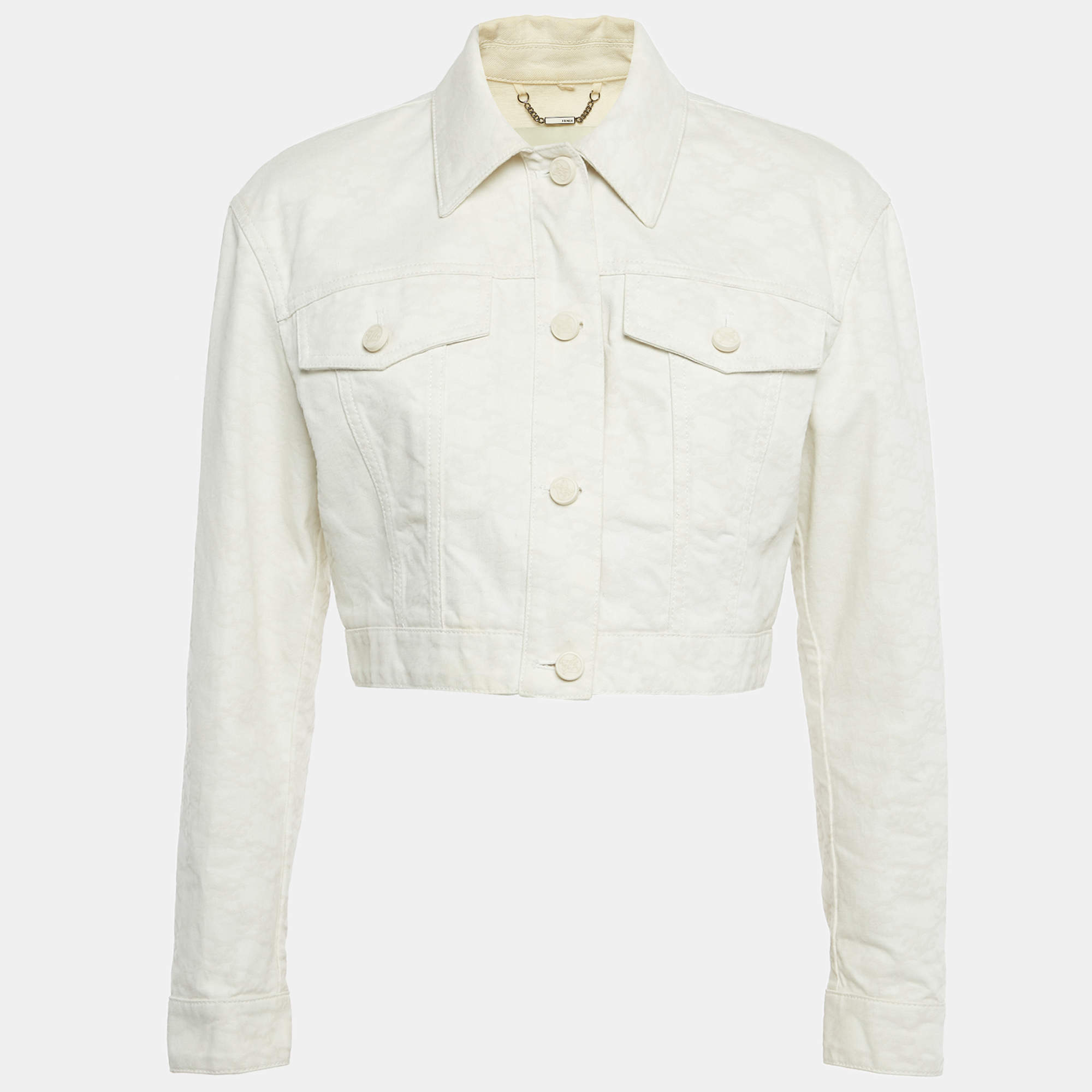 مملوكة مسبقًا Fendi Cream FF Calligraphy Motif Cropped Denim Jacket L  