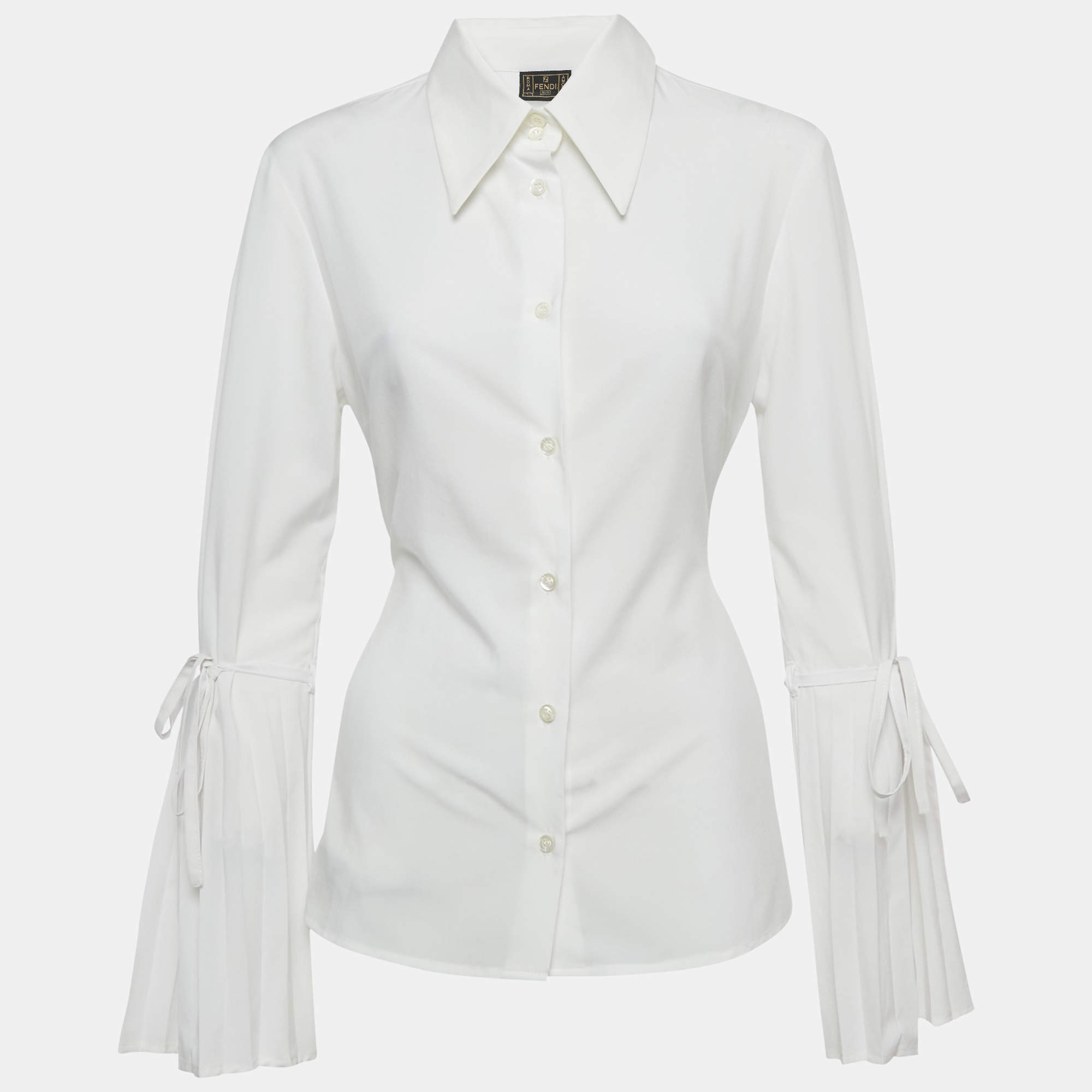 Pre Owned Fendi White Crepe Button Front Tie-Up Detail Blouse L