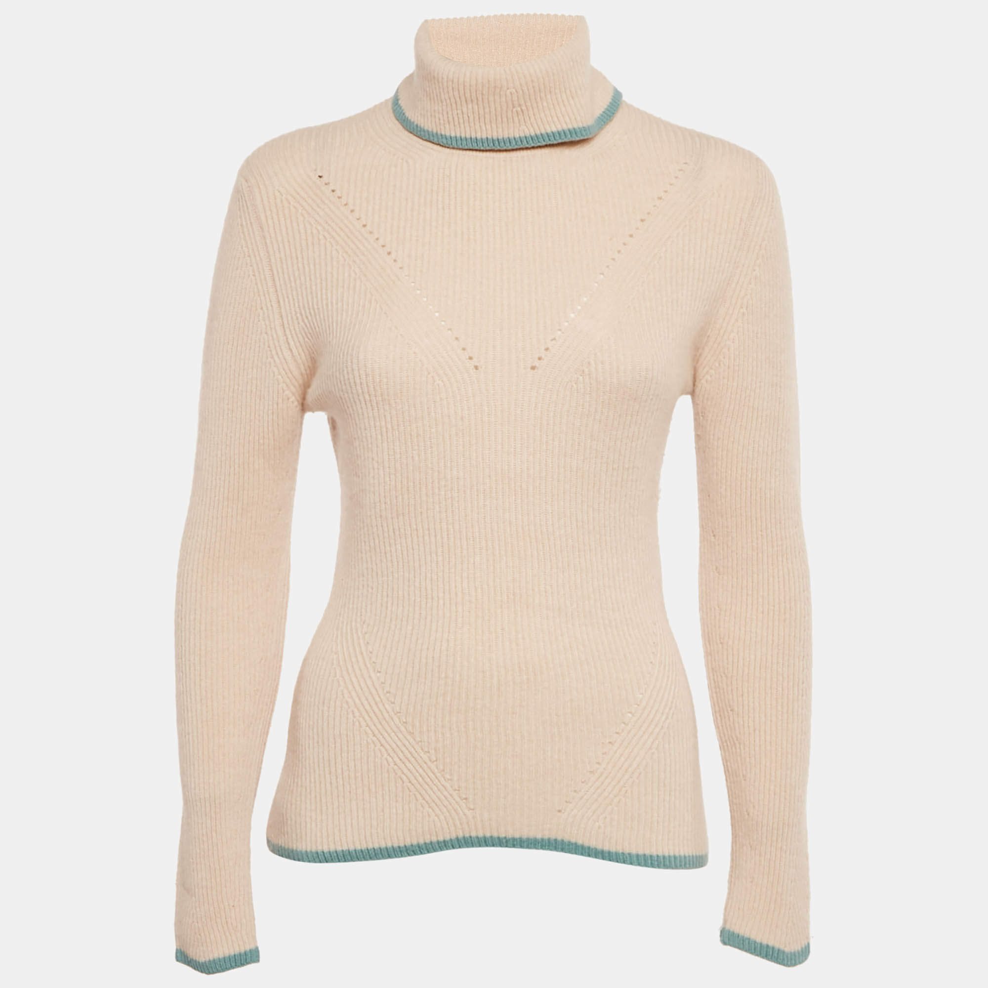 Pre Owned Fendi Dusty Pink Cashmere Contrast Trim Turtle-Neck Sweater S