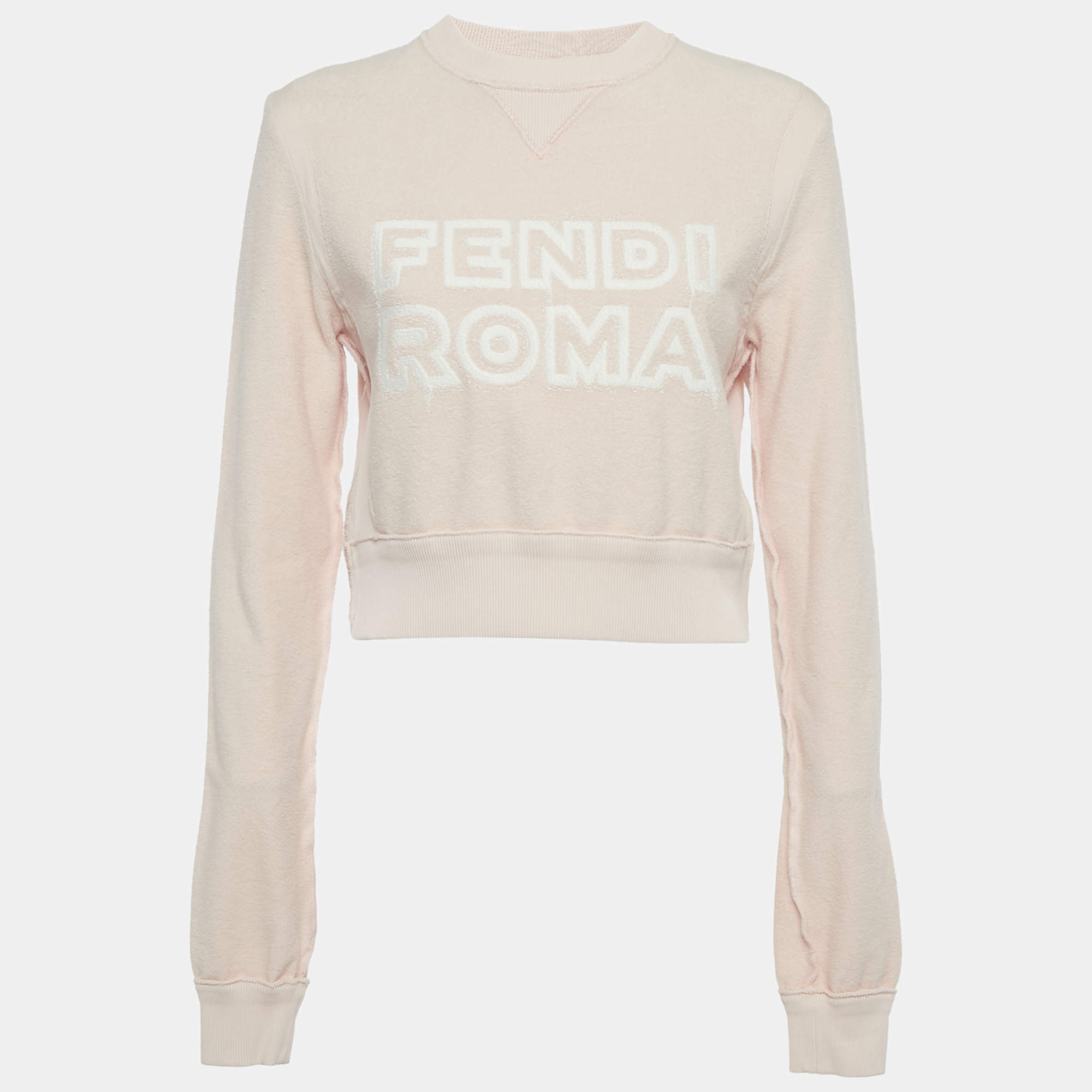 Pre Owned Fendi Pink Logo Embroidered Cotton Knit Cropped Sweatshirt XS