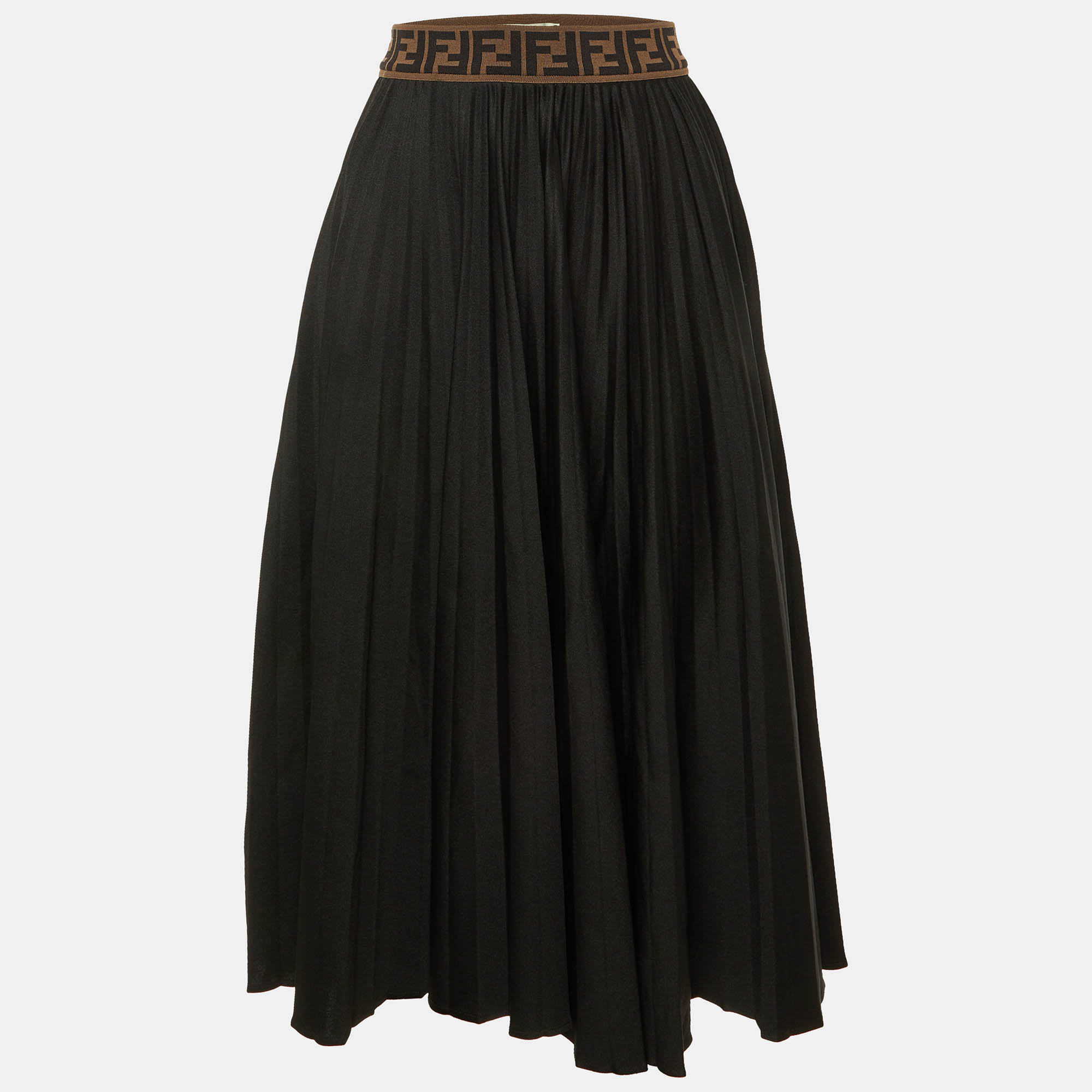 Pre Owned Fendi Black Jersey Pleated Midi Skirt M