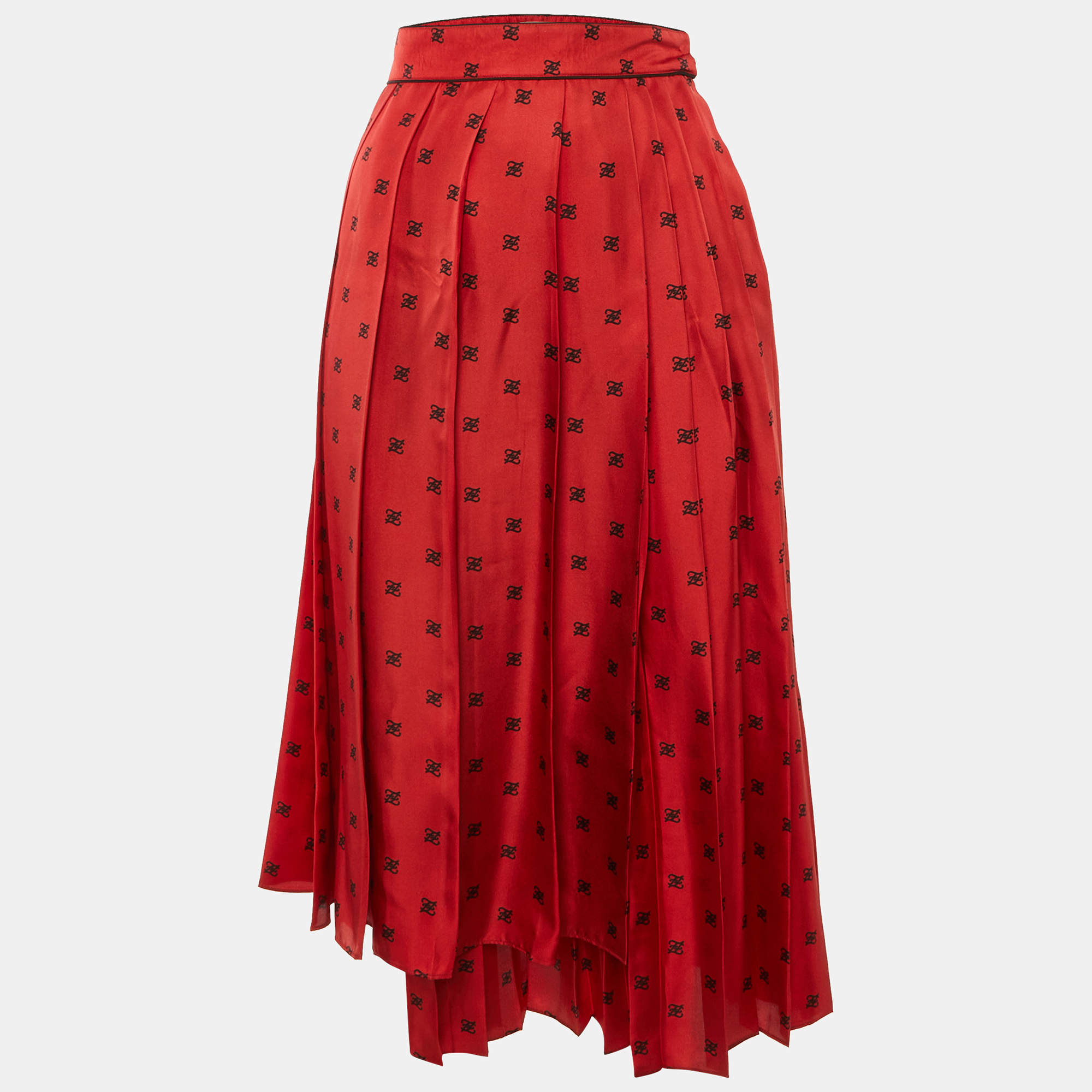 Pre Owned Fendi Red Karligraphy Print Silk Pleated Midi Skirt S