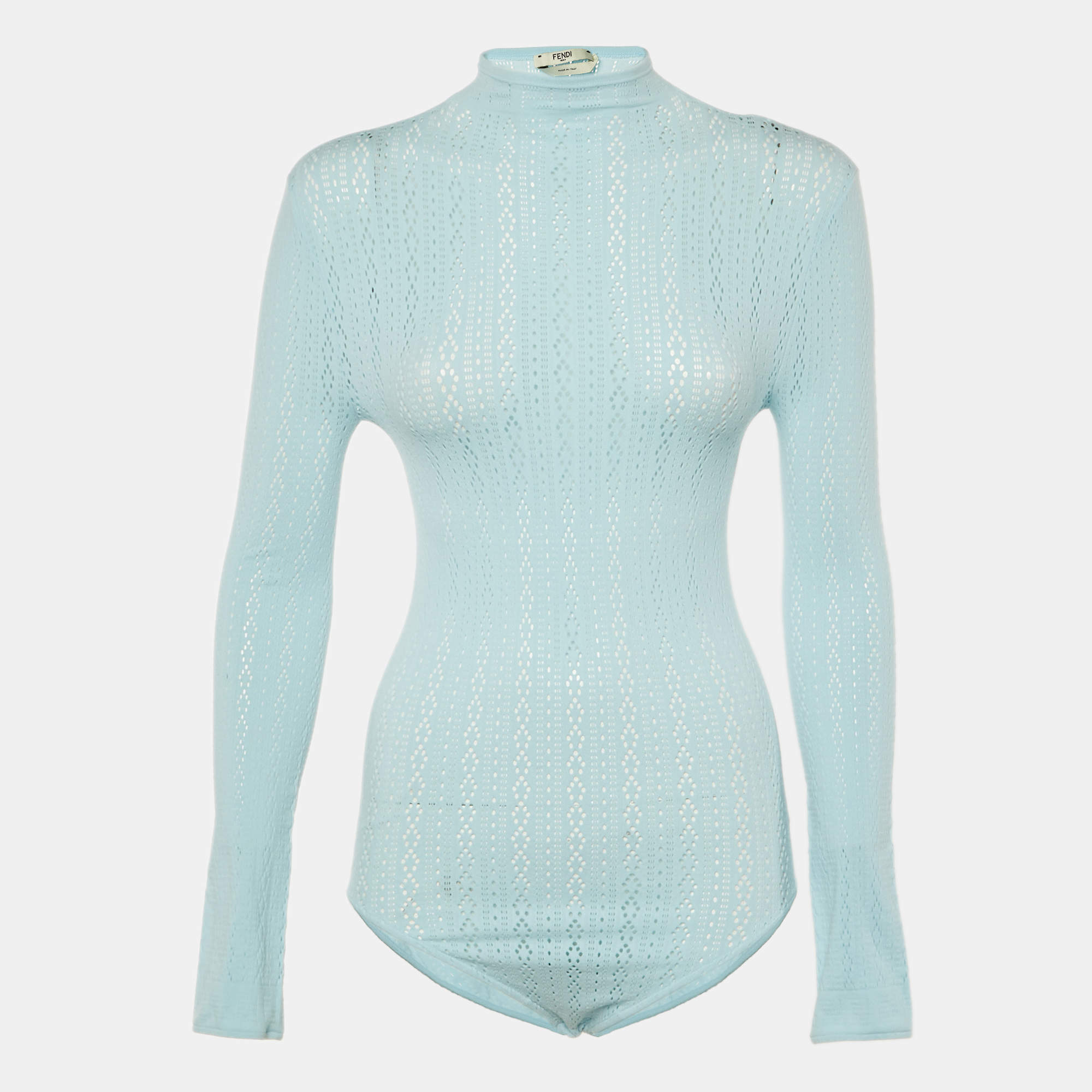 Pre Owned Fendi Blue Jersey Mesh Long-Sleeve Bodysuit M