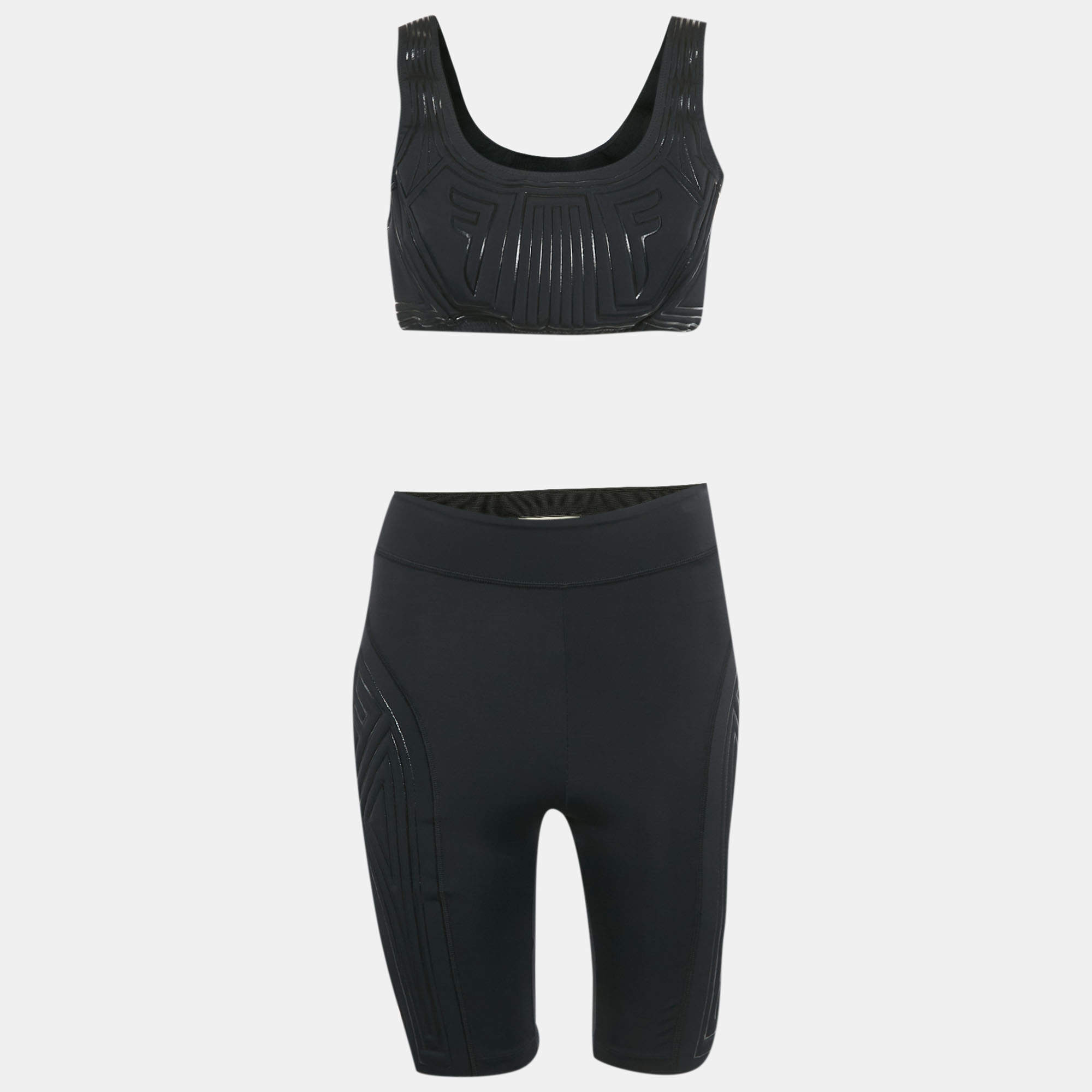 Pre Owned Fendi Black Jersey Embossed Logo Pattern Shorts & Bralette Set S