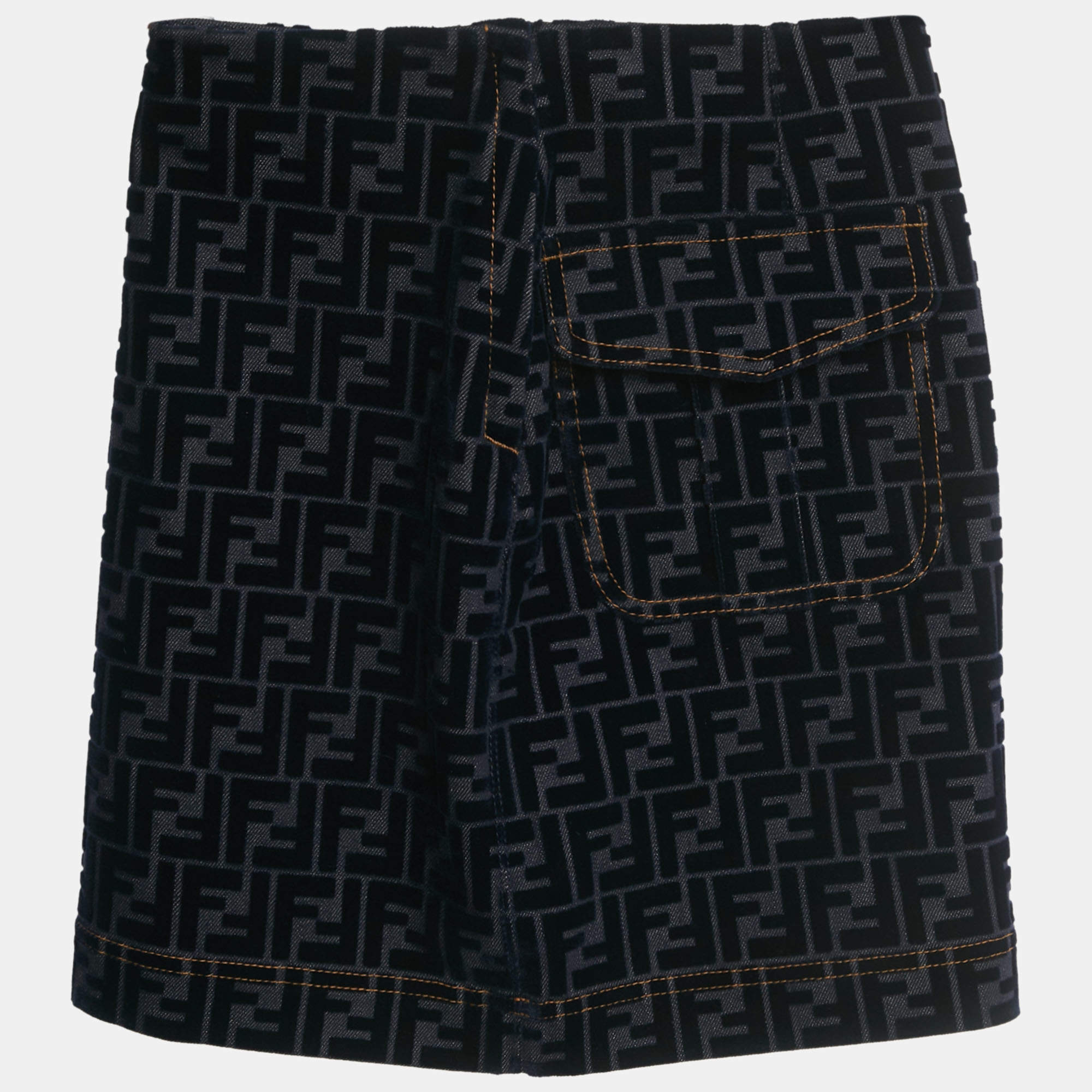 Pre Owned Fendi Navy Blue Zucca Velvet Flocking Mini Skirt XS
