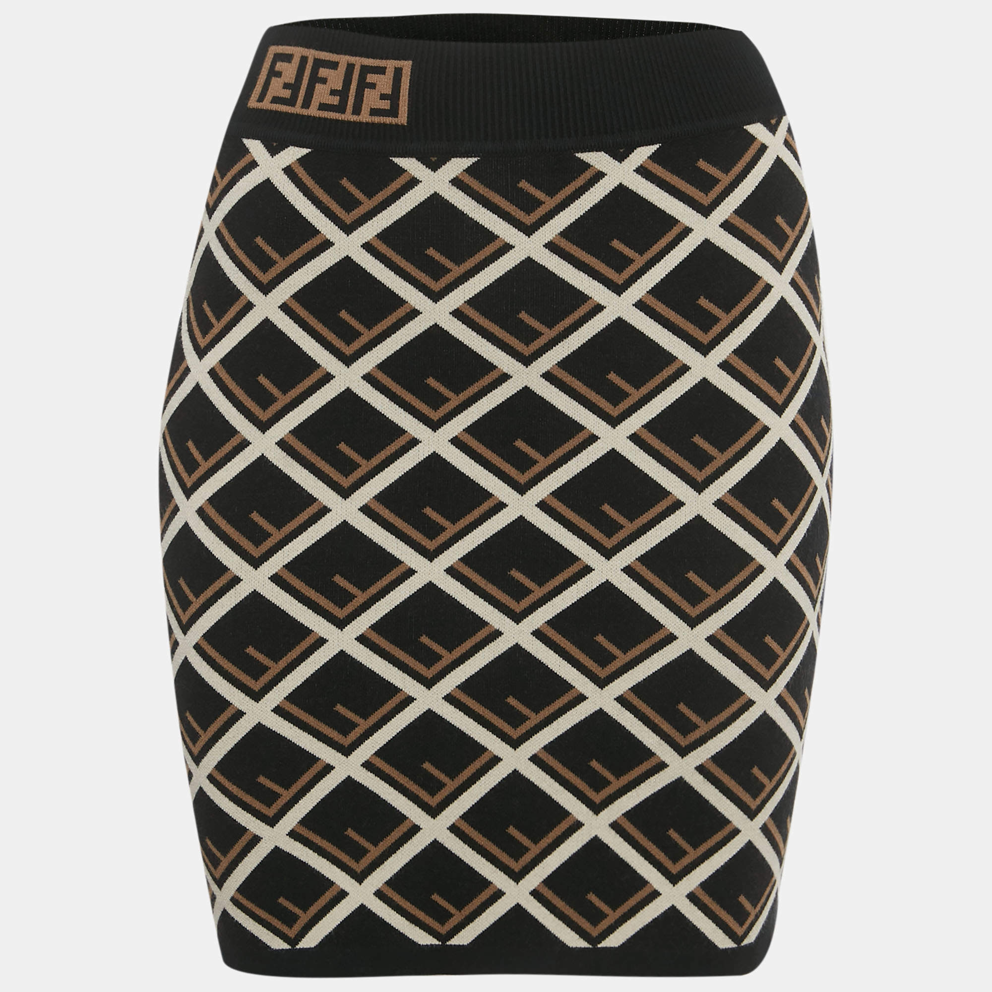 Pre Owned Fendi Black Monogram Pattern Knit Mini Skirt S