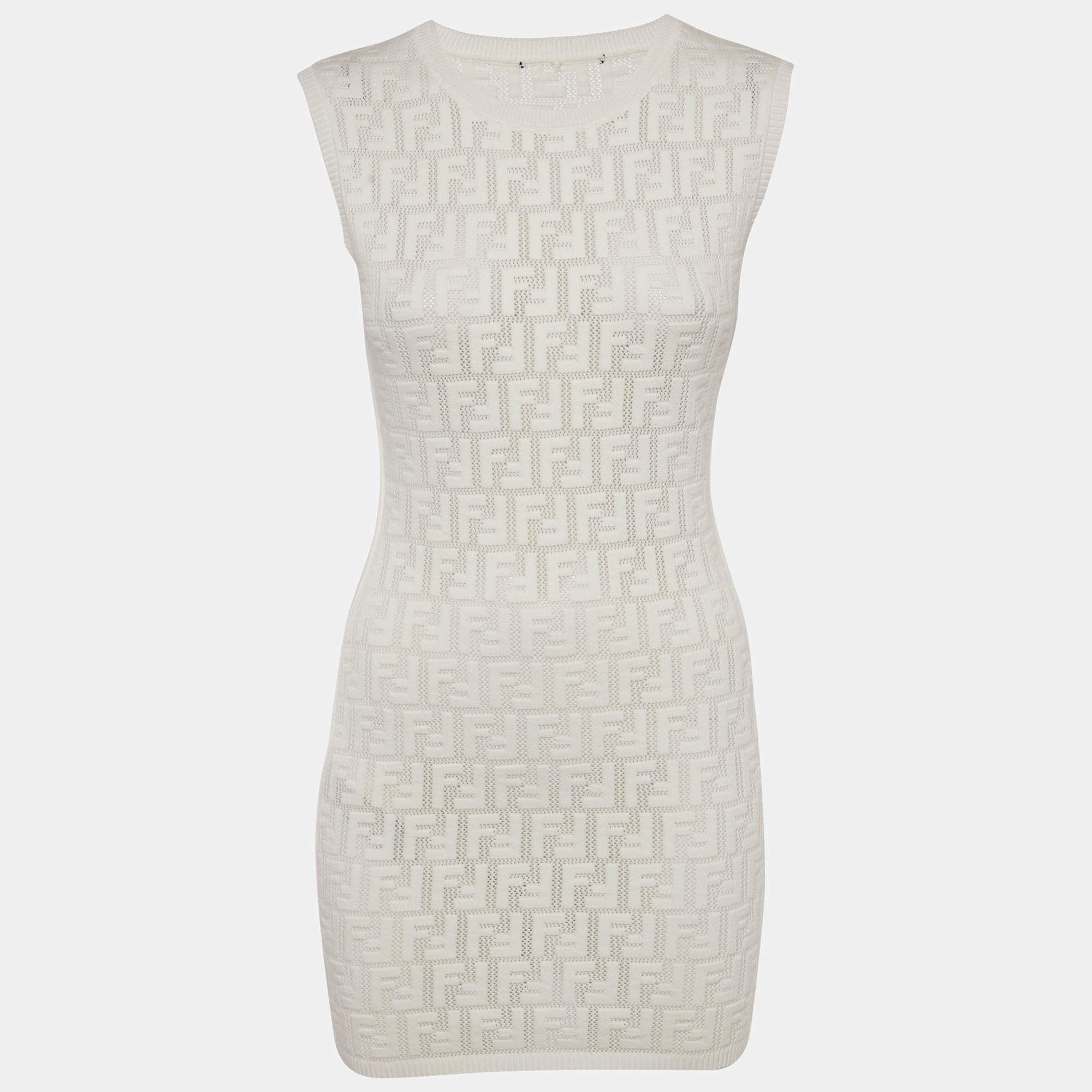 Pre Owned Fendi White FF Jacquard Knit Sleeveless Mini Dress M