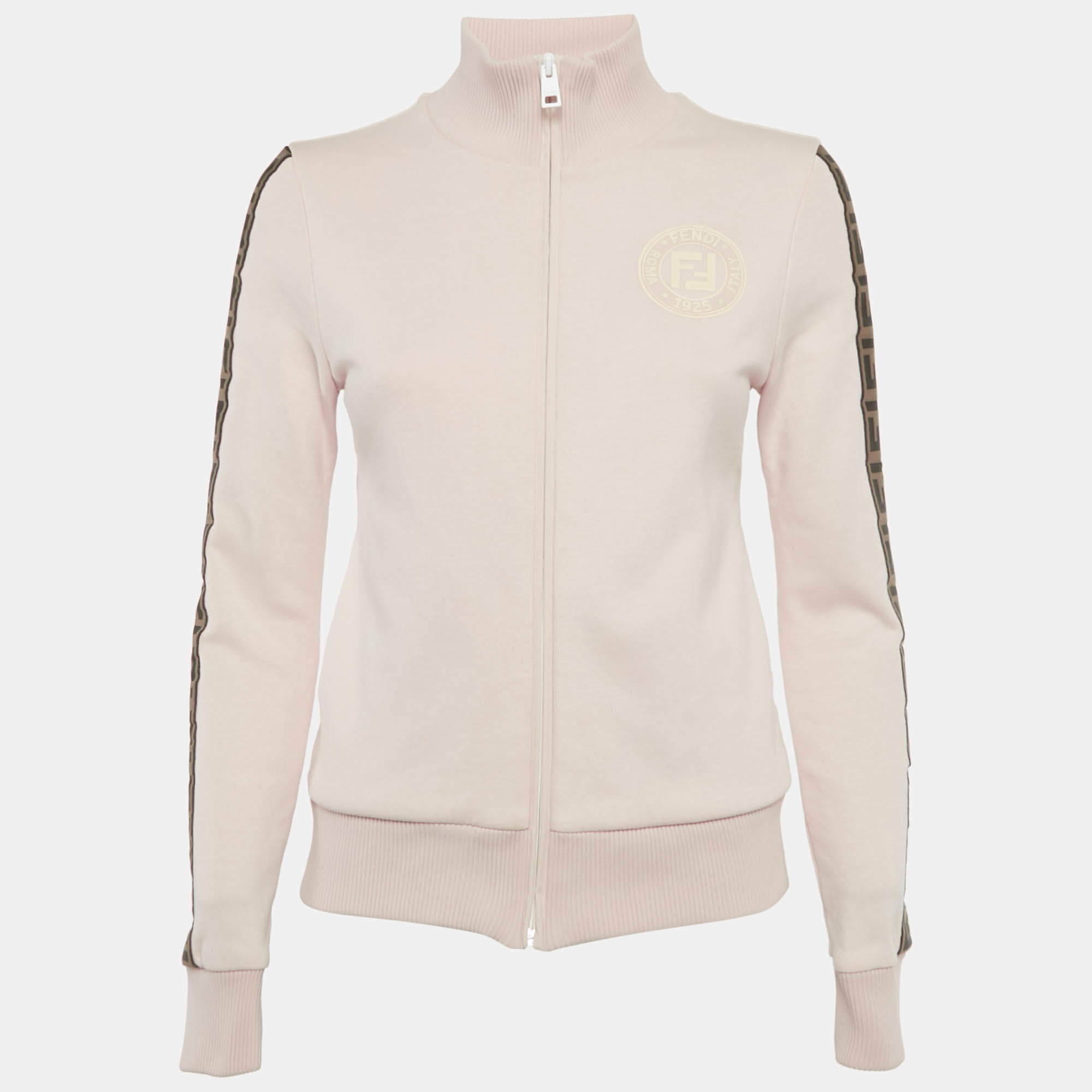 Pre Owned Fendi Pink Zucca Band Trim Cotton Zip-Up Jacket S