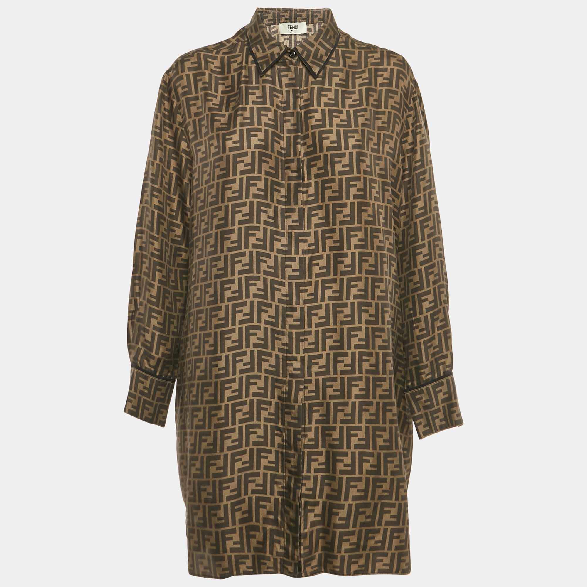 Pre Owned Fendi Brown Zucca Monogram Silk Oversized Shirt Dress M