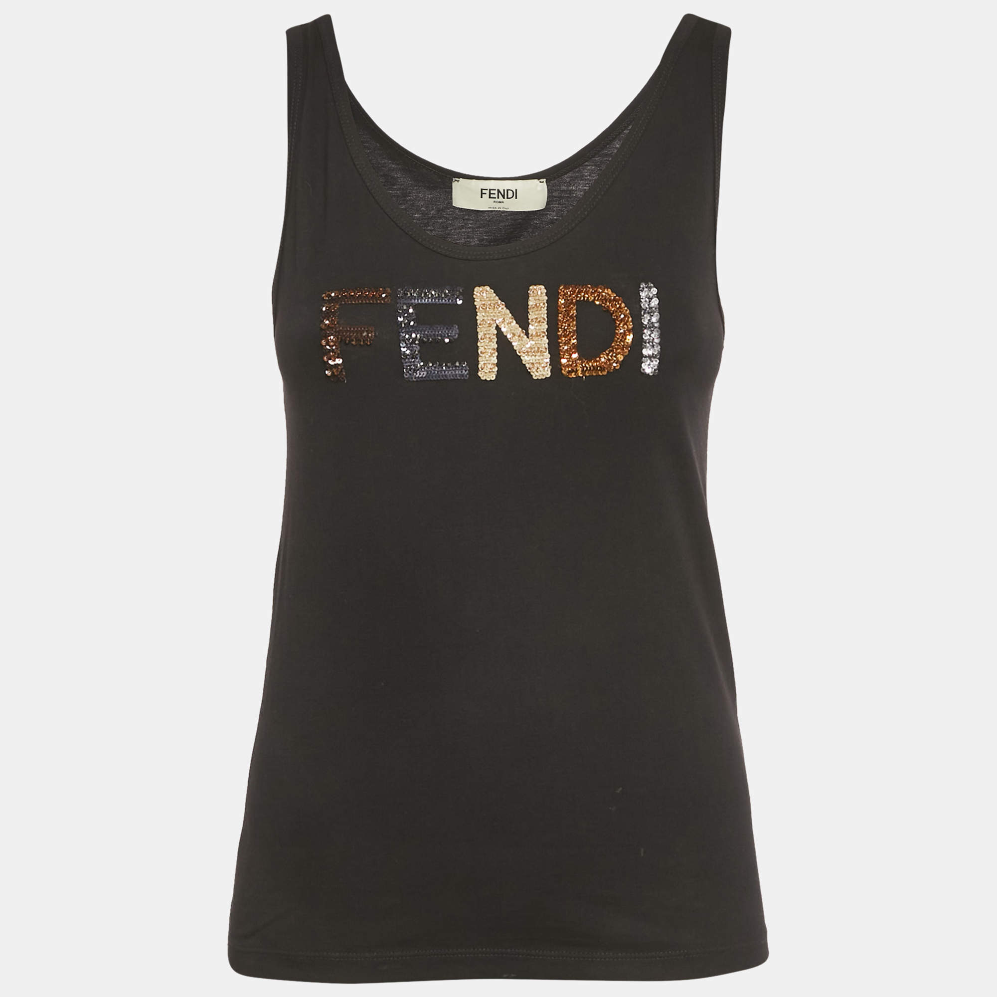 Pre Owned Fendi Black Logo Sequin Cotton Jersey Tank Top XS