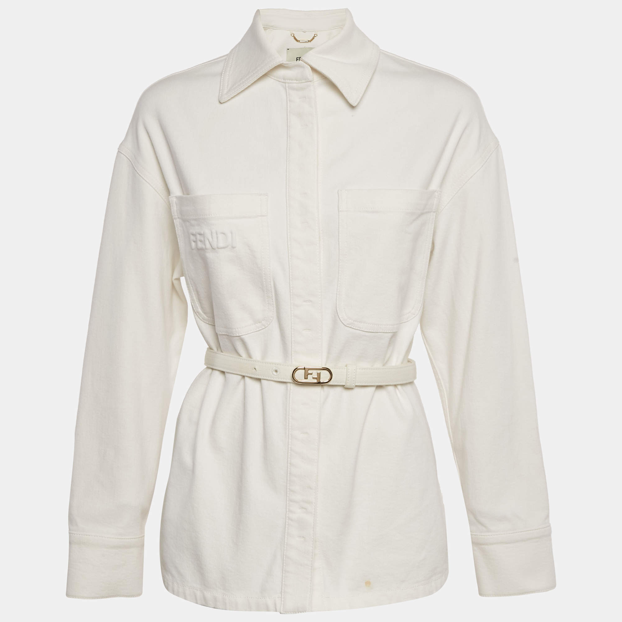 Pre Owned Fendi White Denim Belted Denim Jacket XS