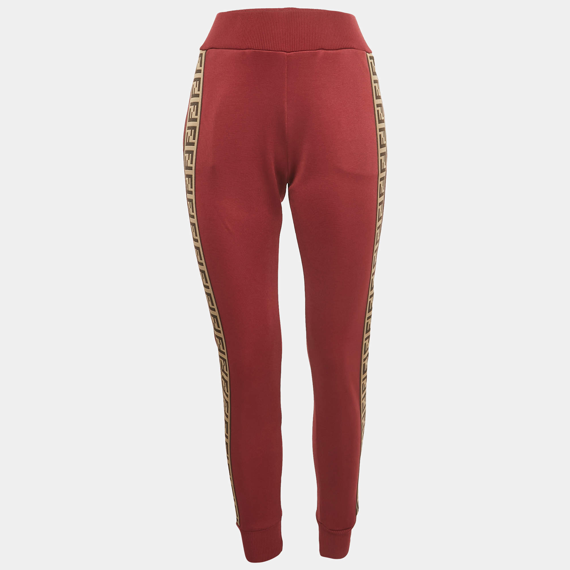 Pre Owned Fendi Red FF Logo Band Detail Jersey Jogger Pants S  