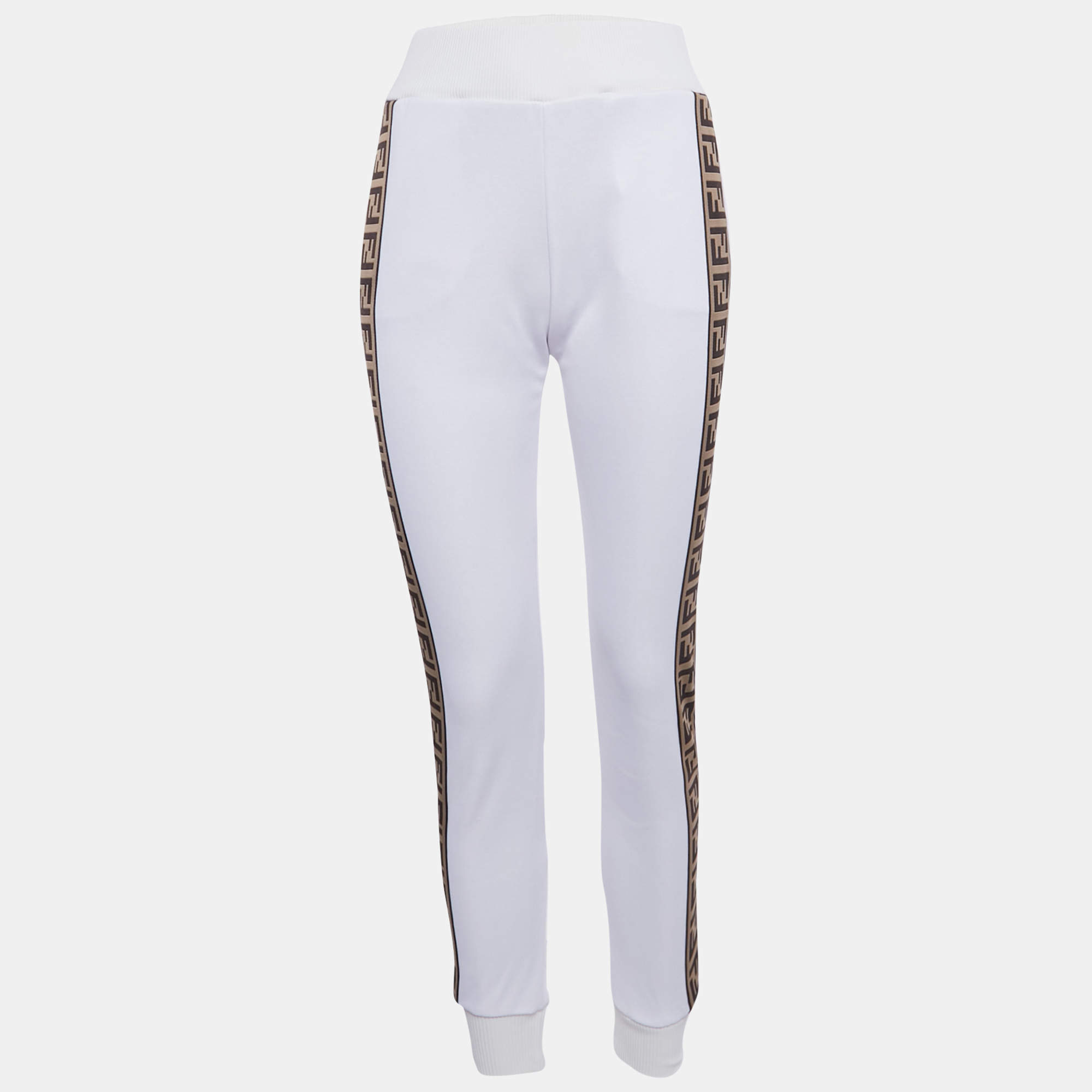 Pre Owned Fendi White Zucca Band Detail Knit Joggers S  