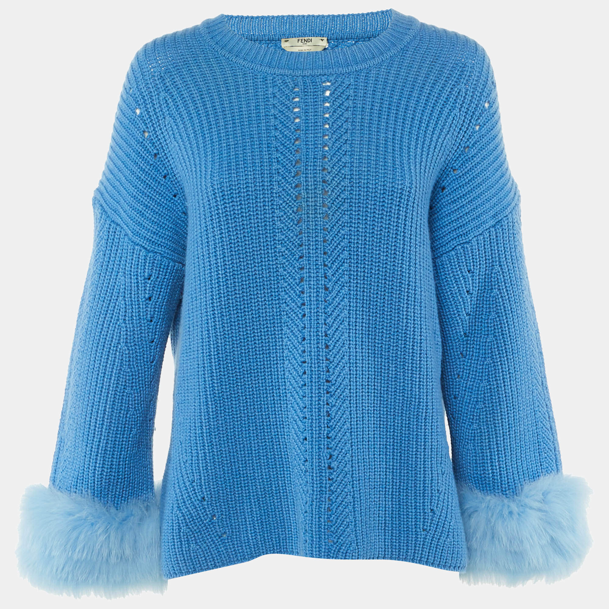 Pre Owned Fendi Blue Cashmere & Fox Fur Trim Pullover M