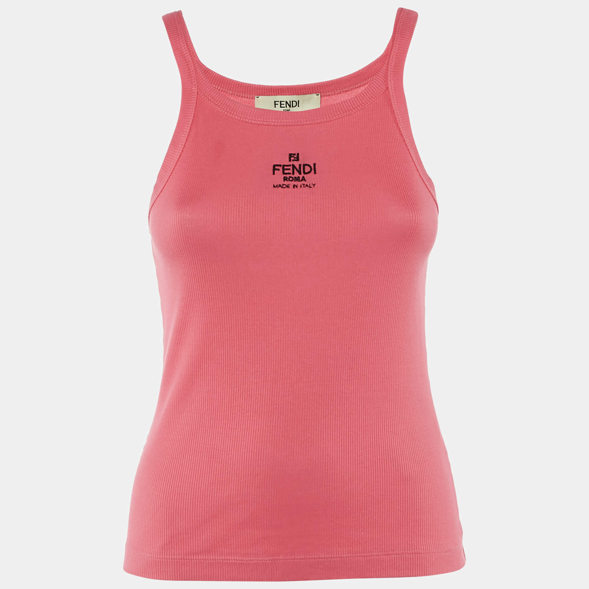Pre Owned Fendi Coral Pink Logo Embroidered Rib Knit Tank Top S