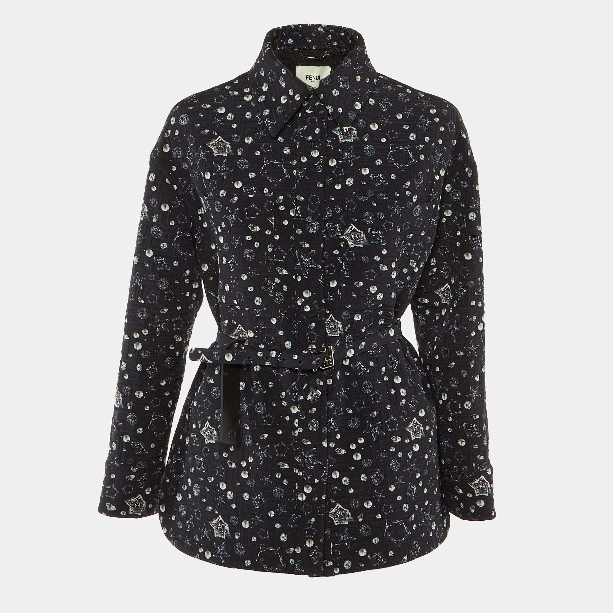 Pre Owned Fendi Black Mirror Canvas Print Silk Quilted Jacket S