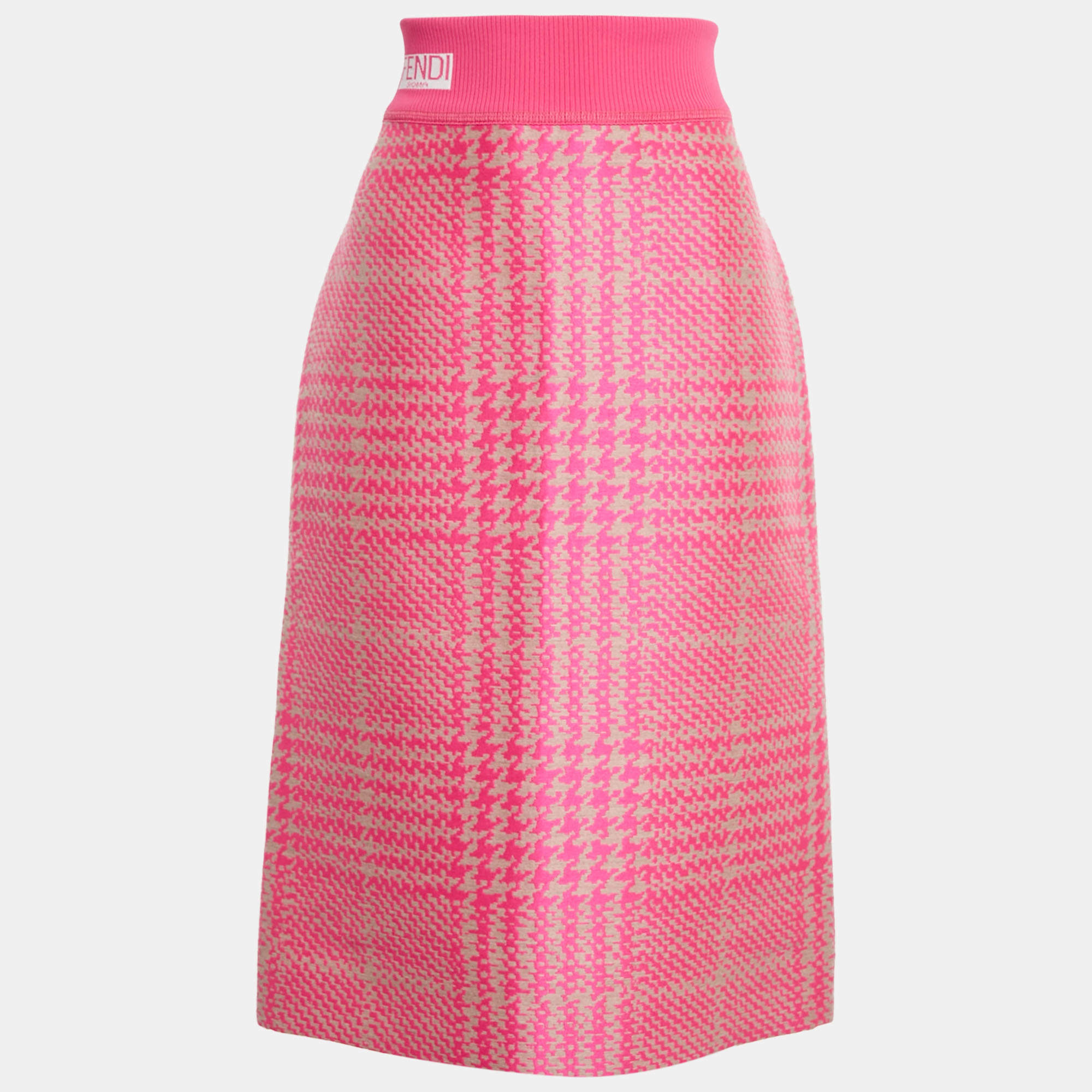 Pre Owned Fendi Pink/Beige Jacquard Rib Waist Midi Skirt M
