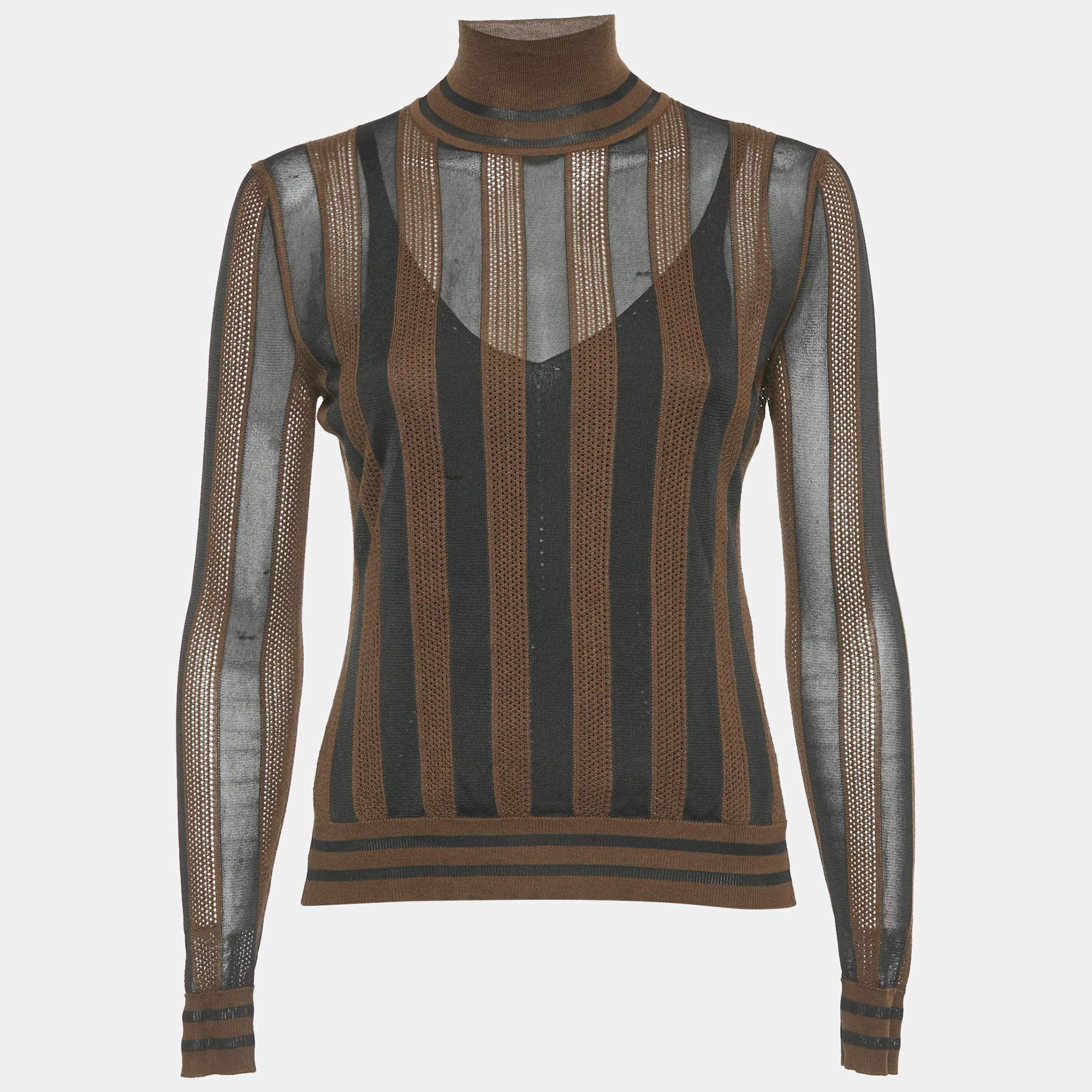Pre Owned Fendi Brown/Black Striped Knit Turtle Neck Top S