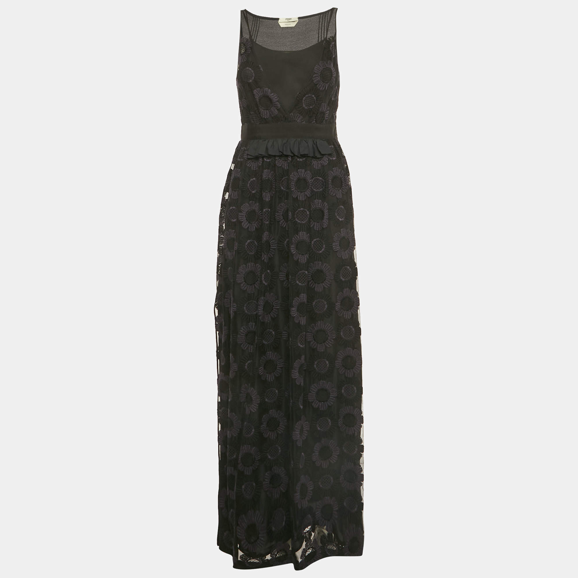 Pre Owned Fendi Black Floral Embroidered Mesh & Silk Maxi Dress S