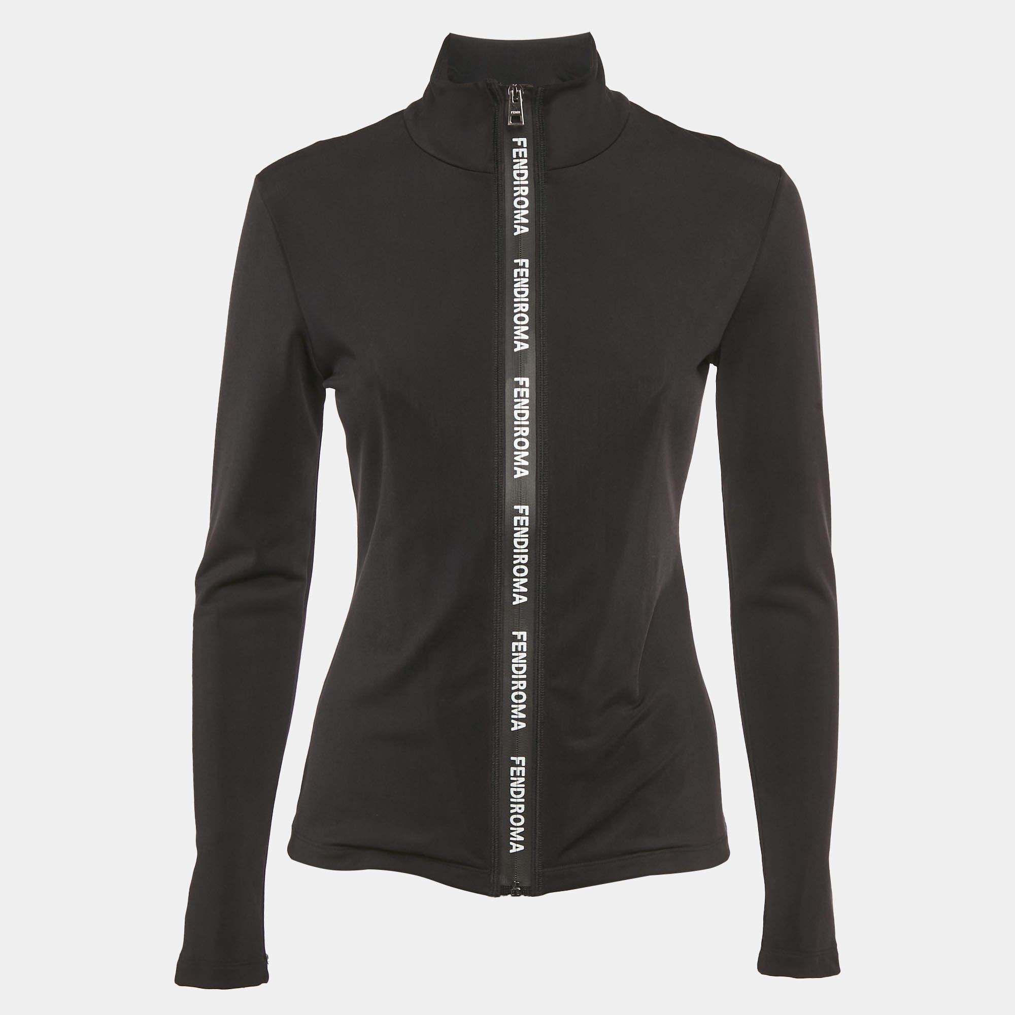 Pre Owned Fendi Black Jersey Logo Band Zip-Up Track Jacket S