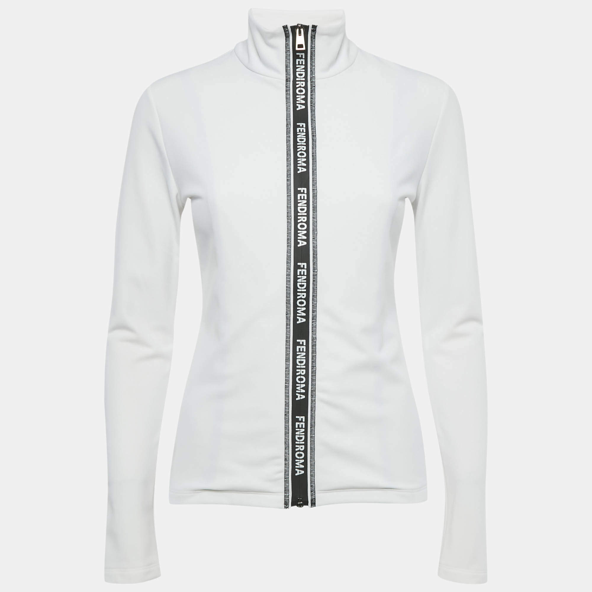 Pre Owned جاكيت فنْدي جيرسي أبيض بسحاب للتمارين مقاس صغير - سمول