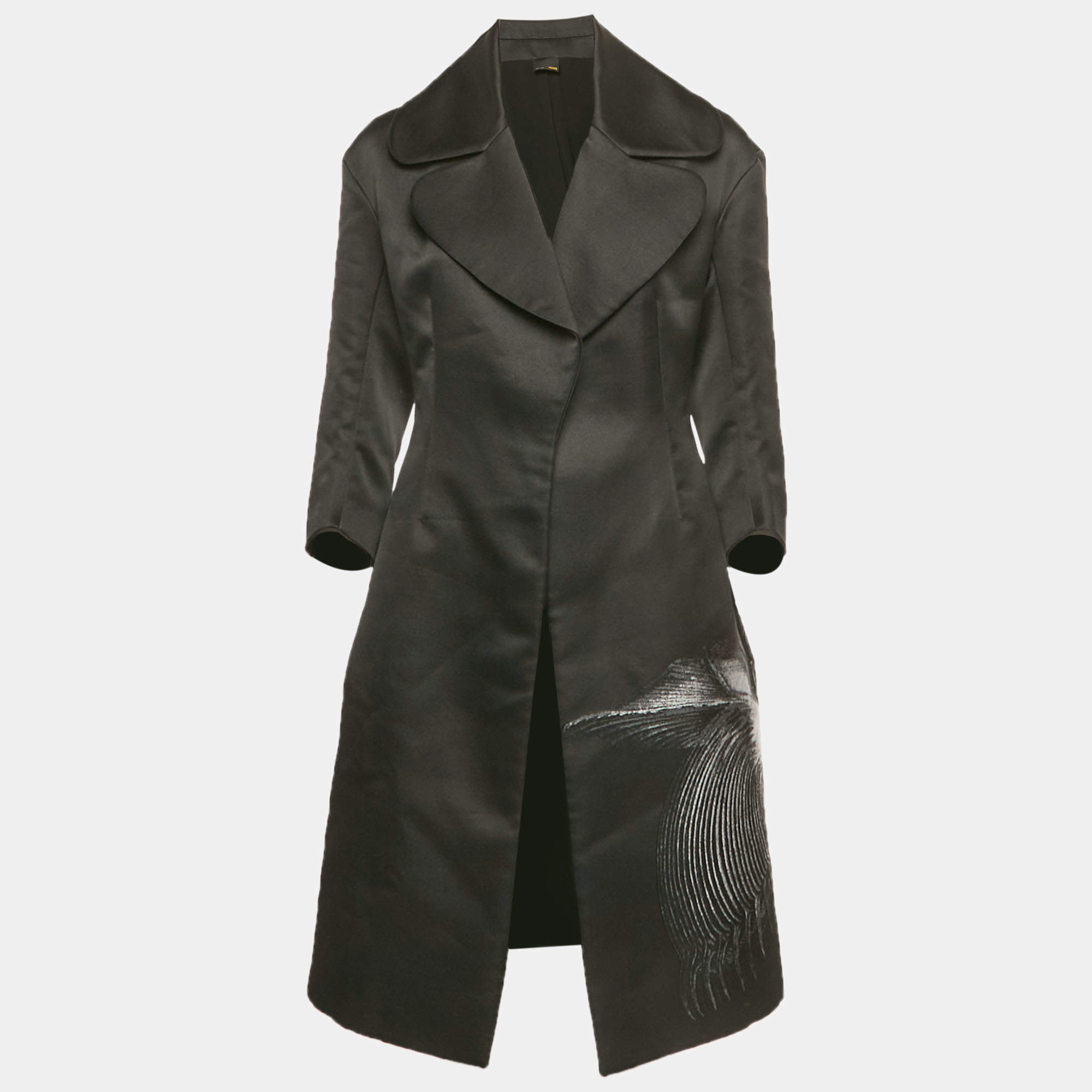 مملوكة مسبقًا Fendi Black Floral Patterned Wool Blend Open Front Coat S