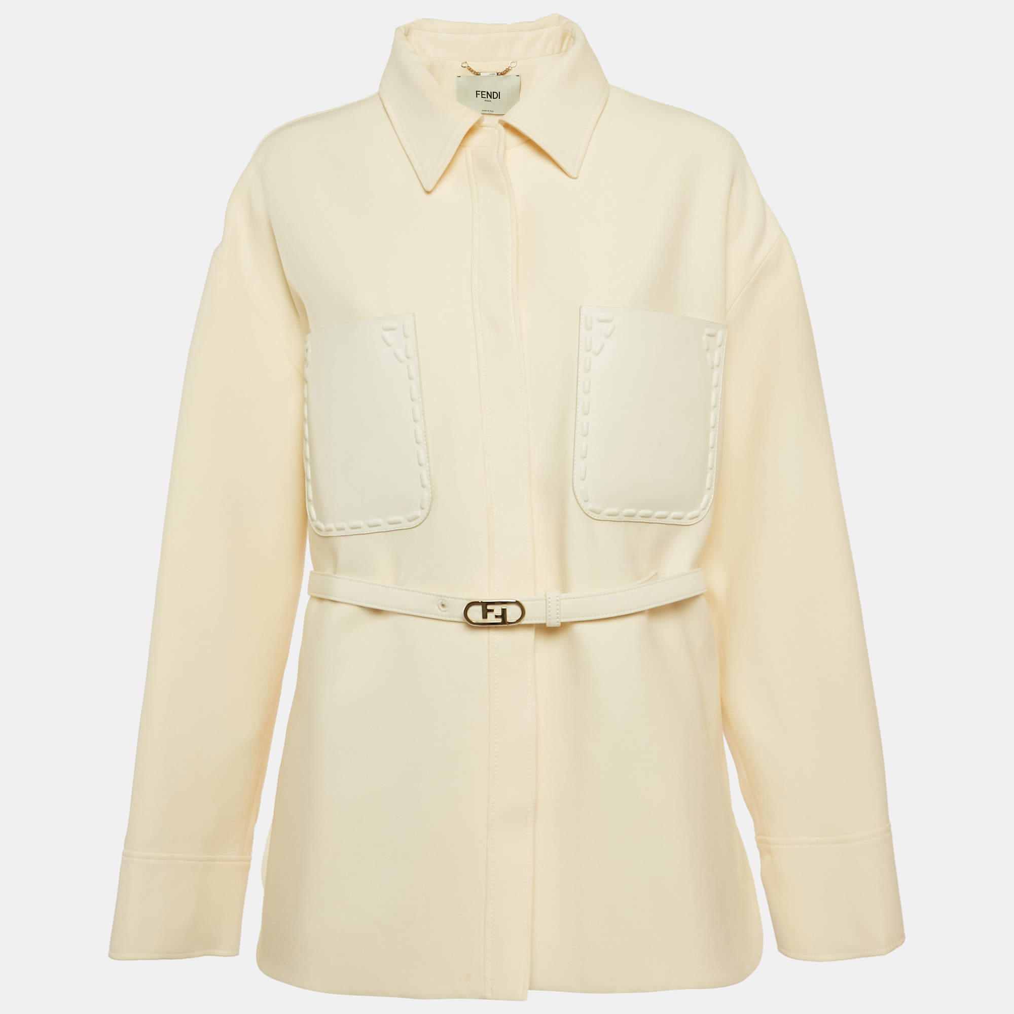 مملوكة مسبقًا Fendi Cream Leather Pocket Wool Belted Shirt L
