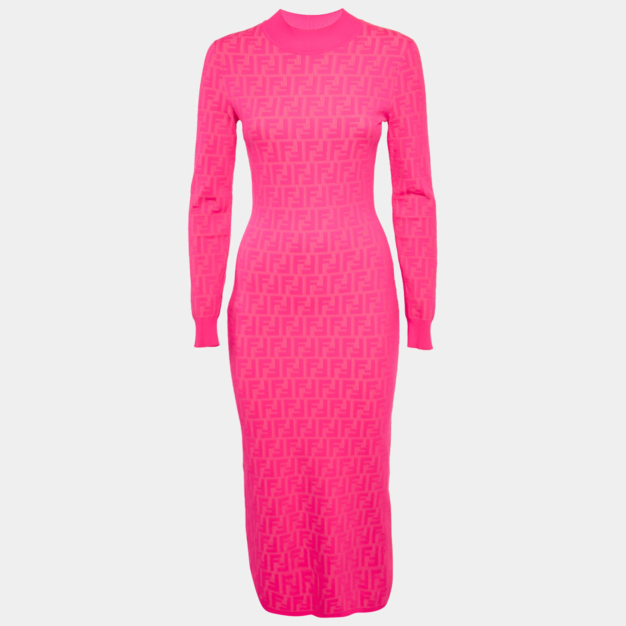 Pre Owned Fendi Fluorescent Pink FF Stretch Knit Bodycon Dress S