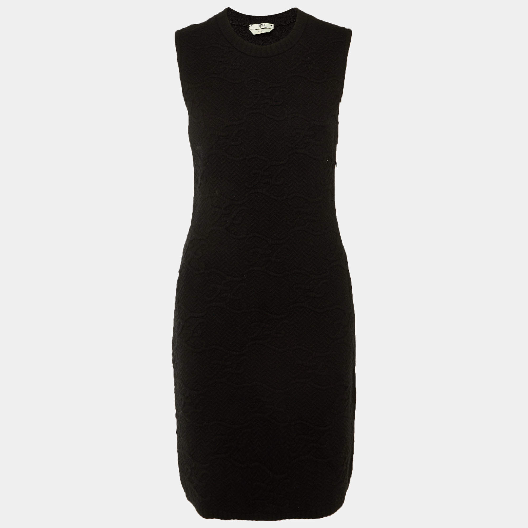 Pre Owned Fendi Black Pattered Knit Short Dress M