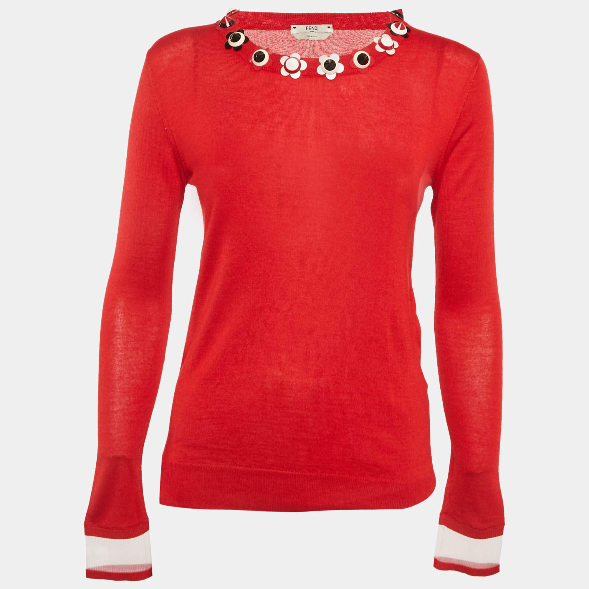 Pre Owned Fendi Red Cashmere Neck Embellished Jumper S