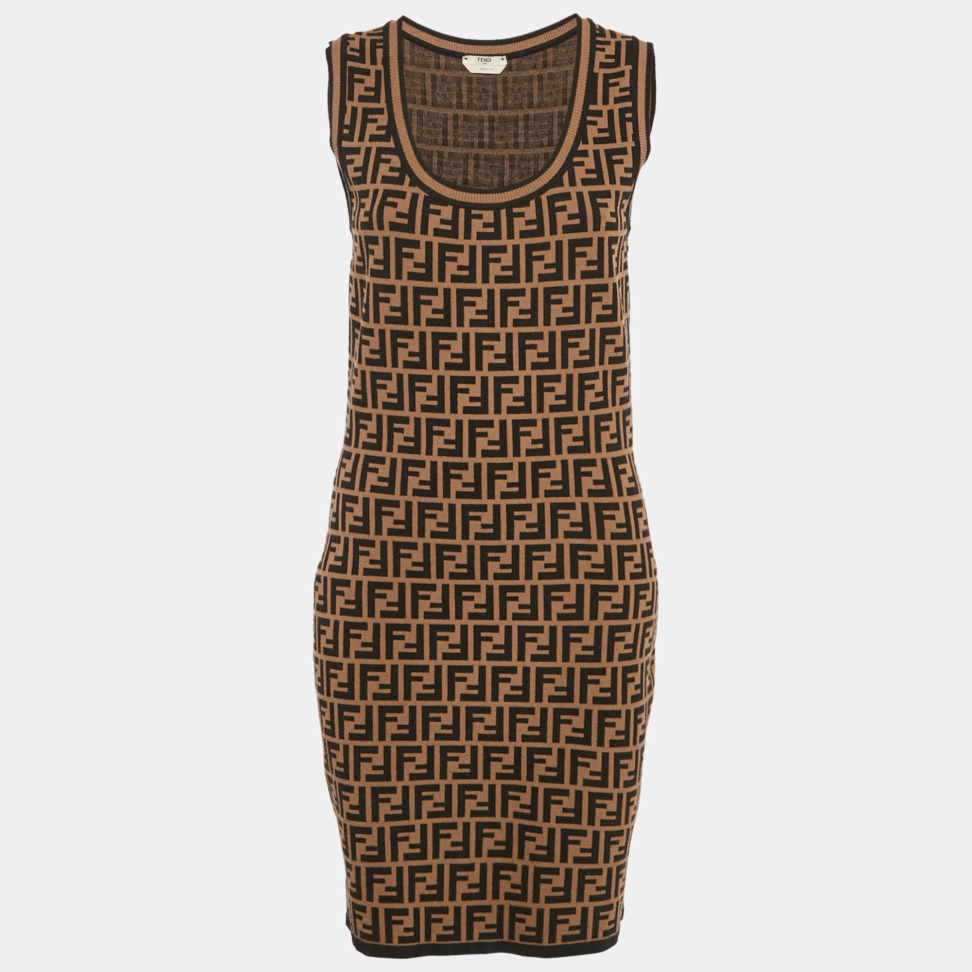 مملوكة مسبقًا Fendi Brown FF Motif Stretch Knit Mini Dress M