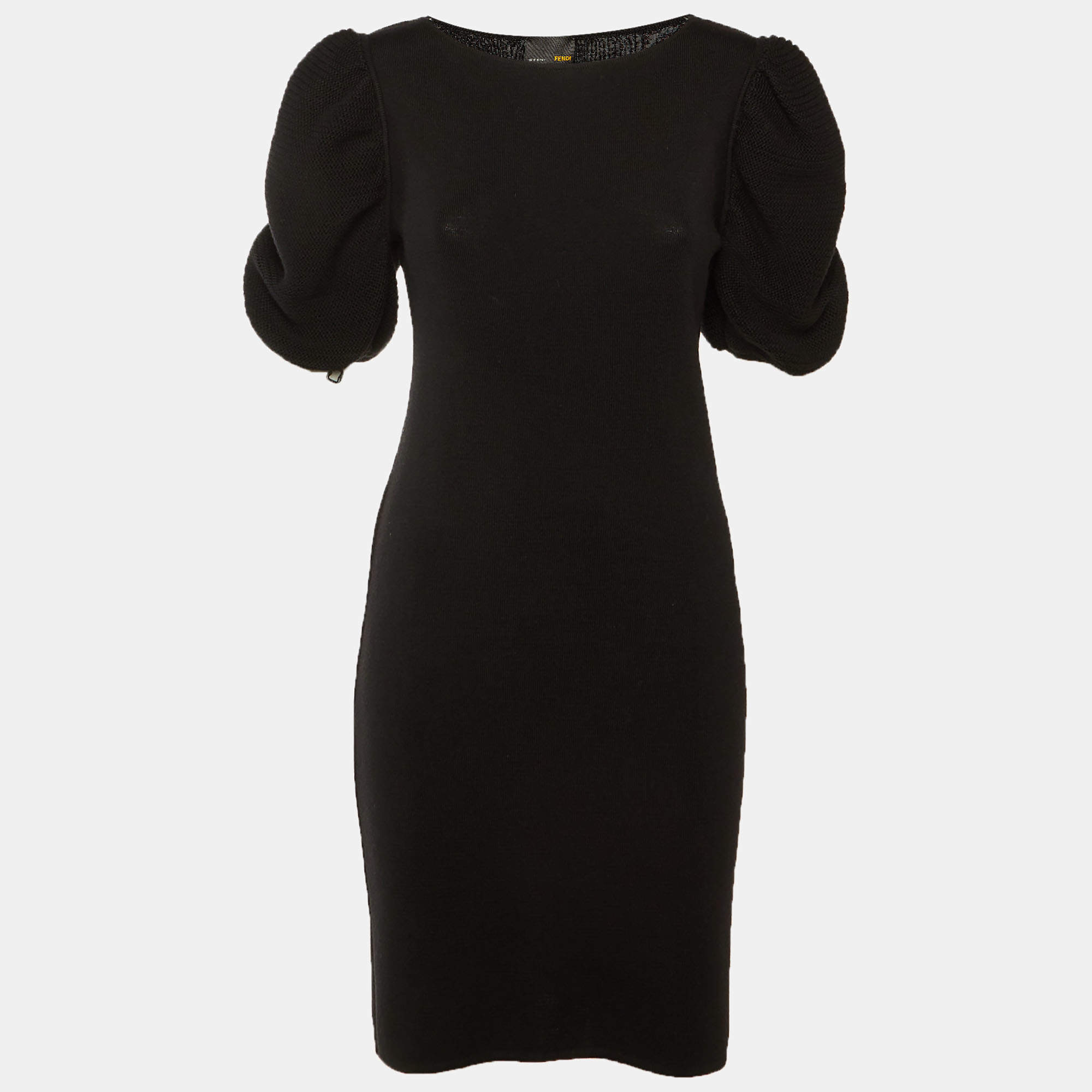 Pre Owned Fendi Black Merino Wool Puff Sleeve Knee Length Dress M