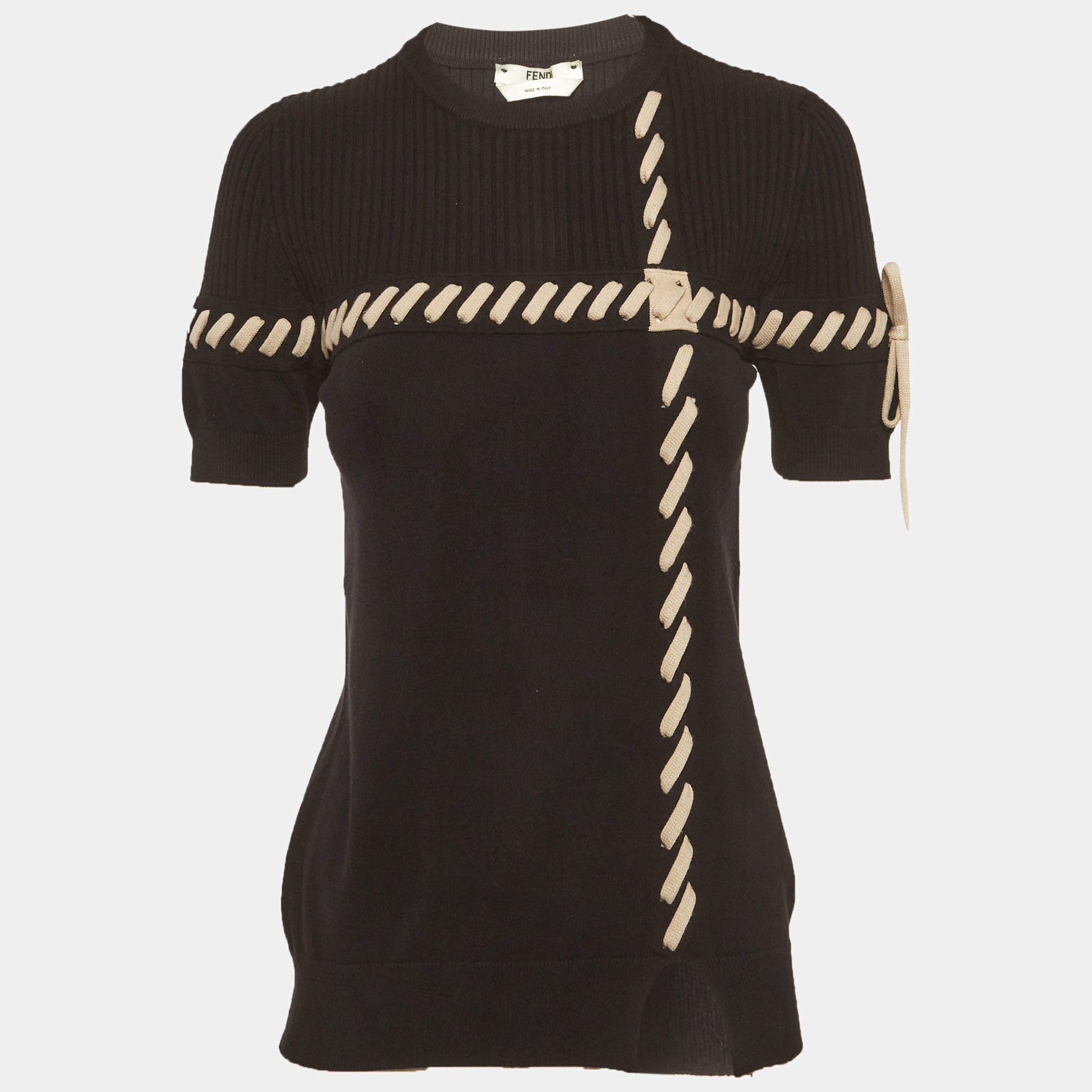 مملوكة مسبقًا Fendi Black Rib Knit Lace-Up Top S
