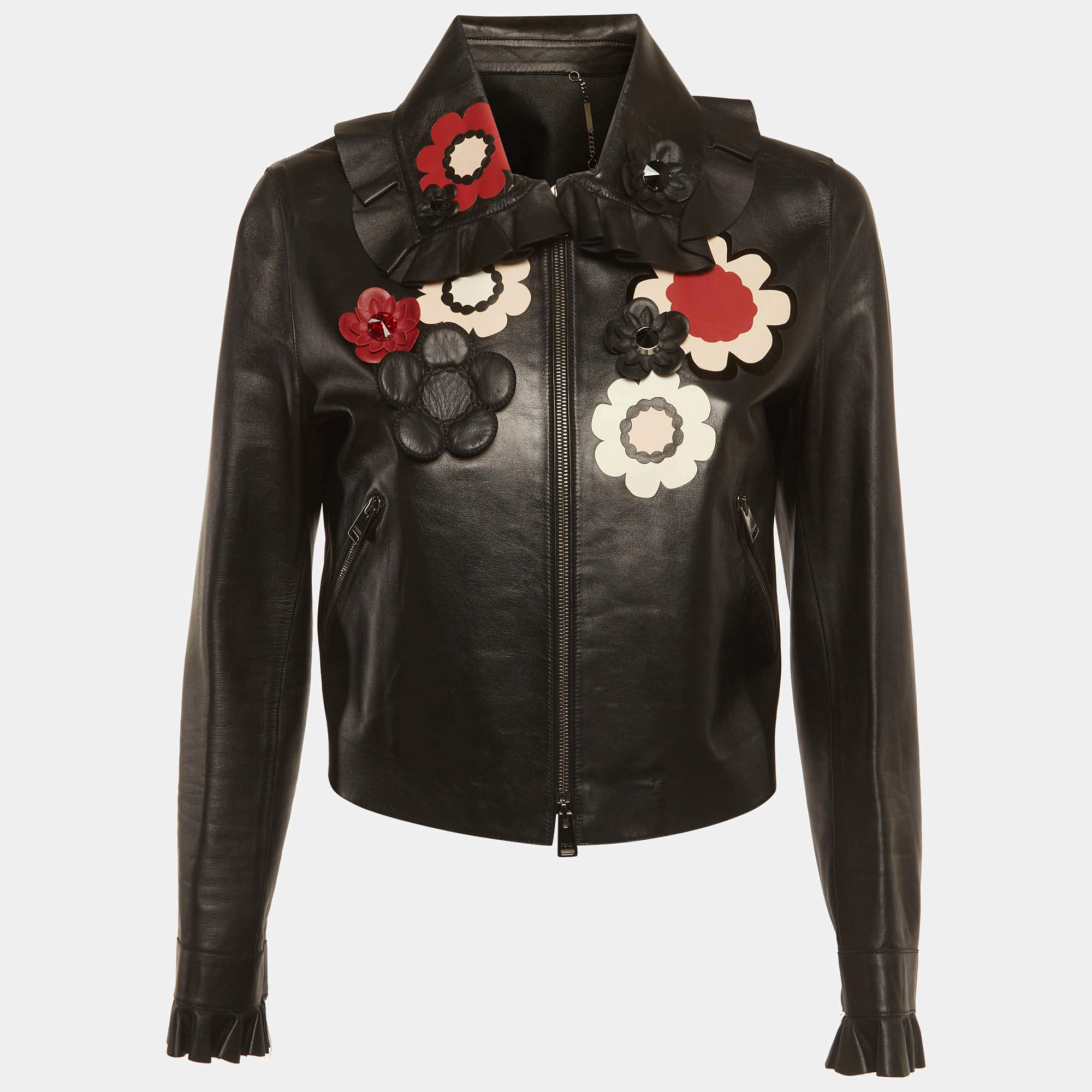 مملوكة مسبقًا Fendi Black Floral Embellished Leather Biker Jacket M