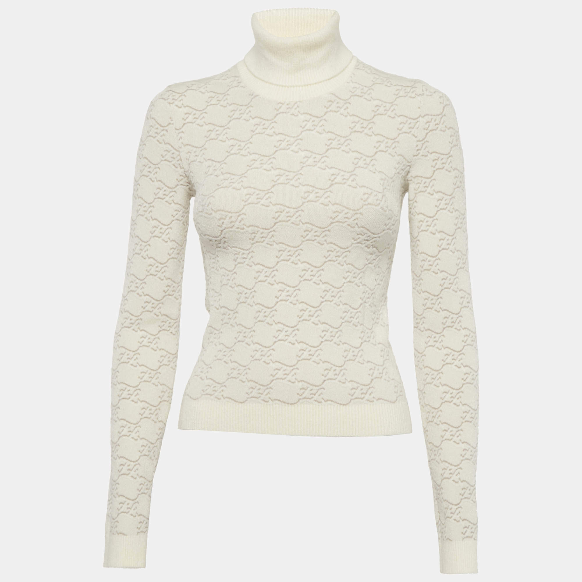 Pre Owned بلوفر فنْدي أوف وايت بتصميم كارليغرافي ثلاثي الأبعاد برقبة عالية مقاس صغير جدًا (إكس سمول)