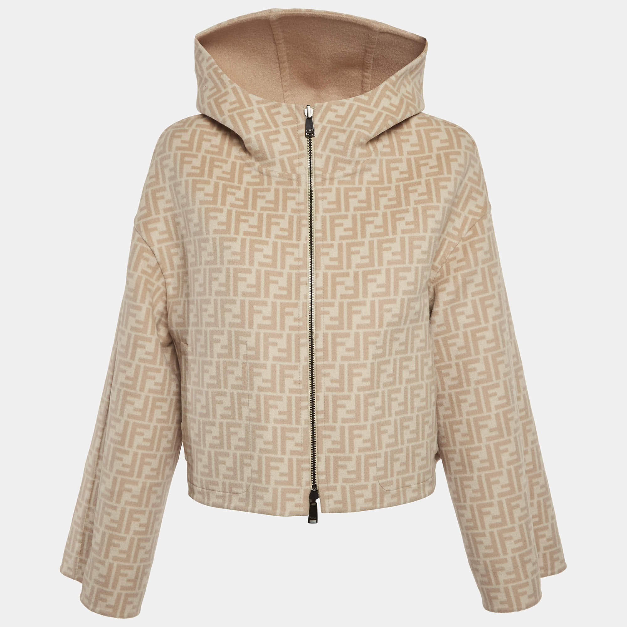 Pre Owned Fendi Beige Zucca Print Reversible Hooded Jacket L