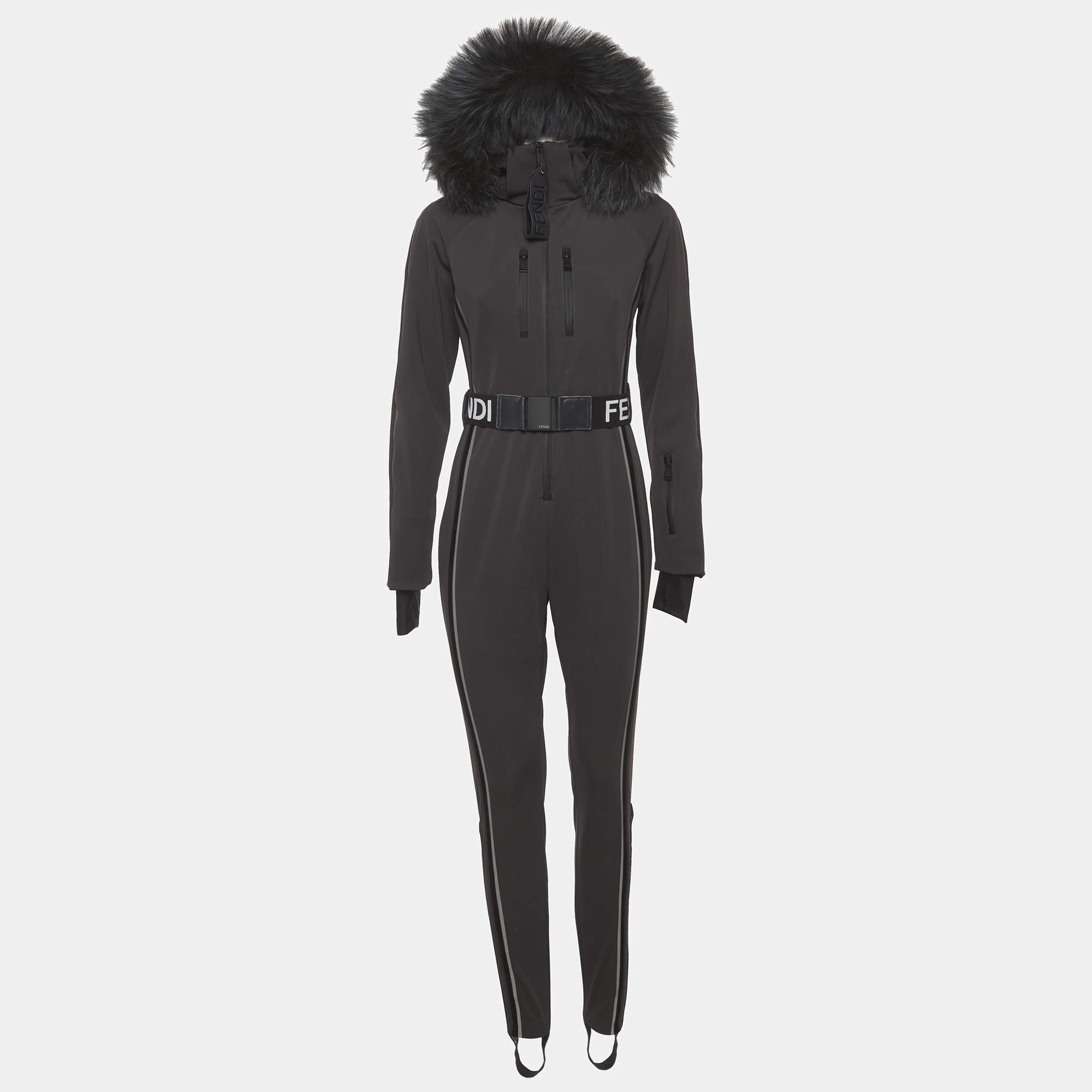 Pre Owned Fendi Grey Jersey Fur Hooded Ski Jumpsuit S