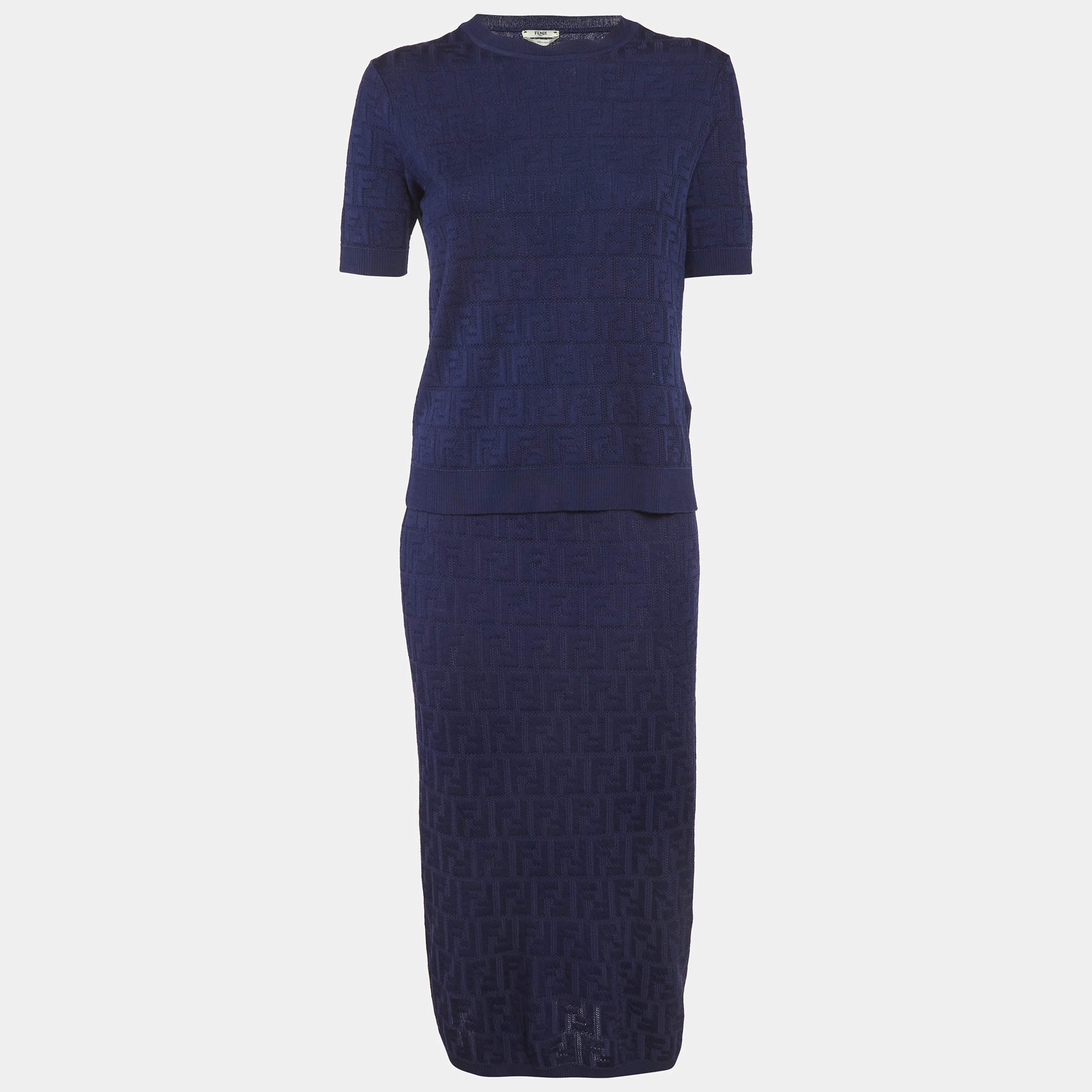 Pre Owned Fendi Blue FF Jersey Top and Skirt Set S/M