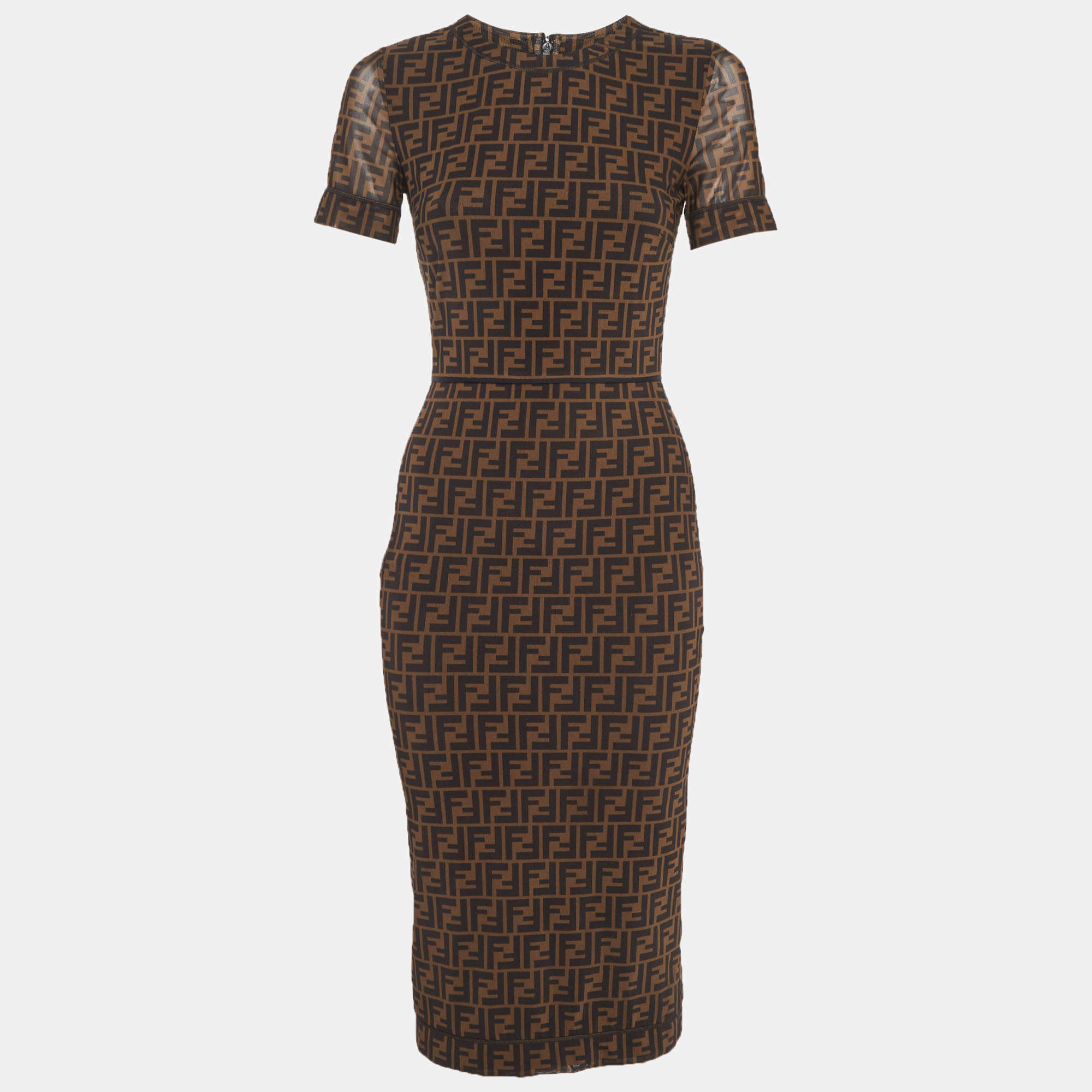 Pre Owned Fendi Brown FF Stretch Mesh Midi Dress S