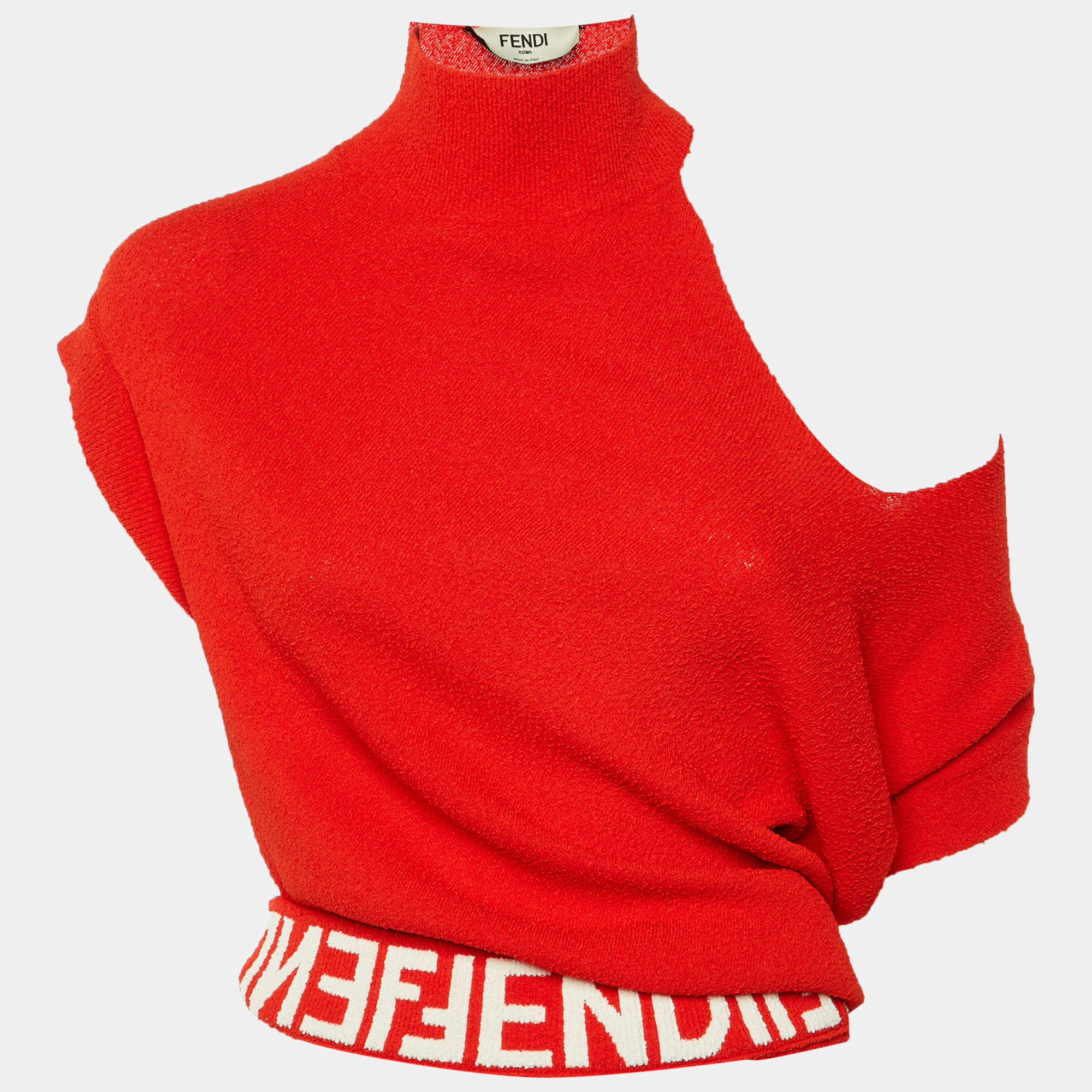 Pre Owned Fendi Red Textured Knit Asymmetric Pullover S