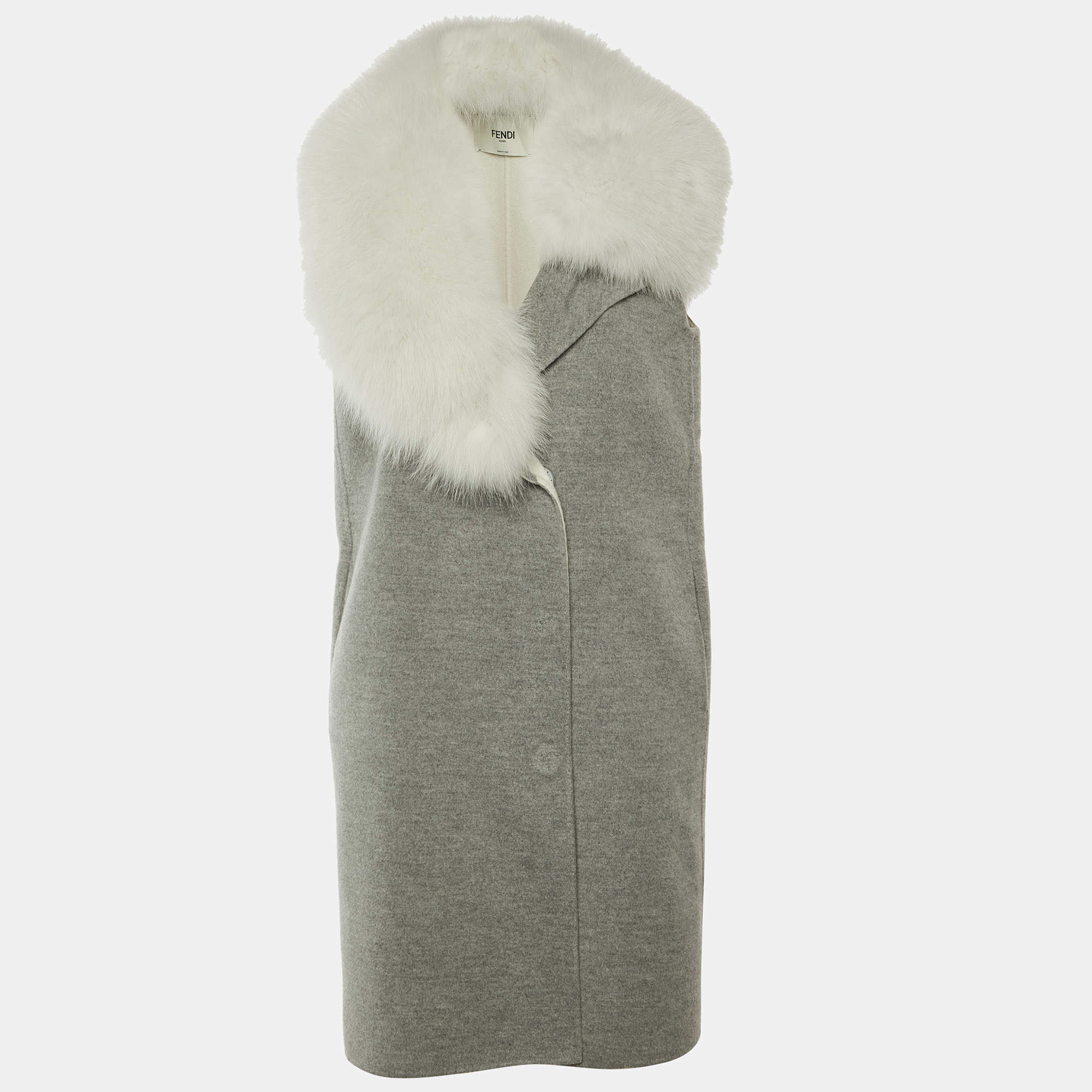 Pre Owned Fendi Grey Cashmere Fox Fur Trim Sleeveless Coat S