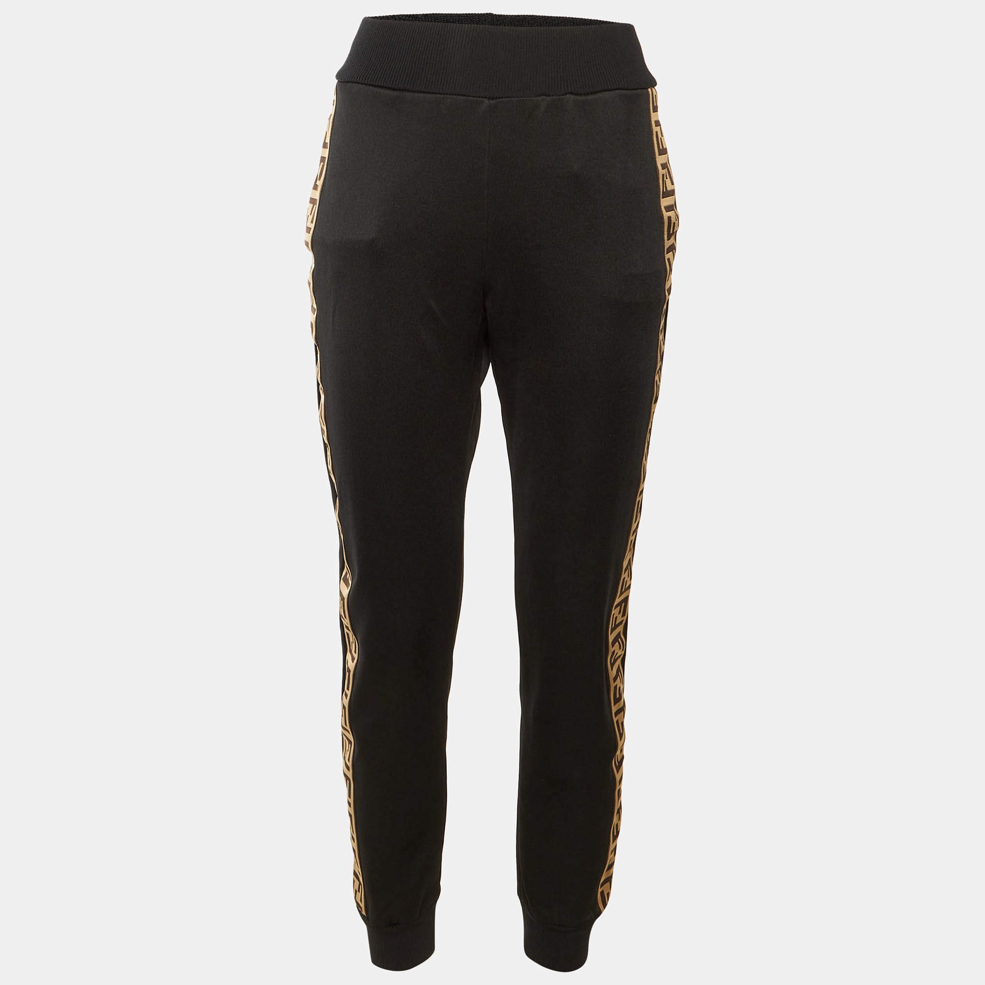 Pre Owned بنطلون رياضي فندي جيرسي أسود بتفاصيل شريط شعار FF مقاس متوسط