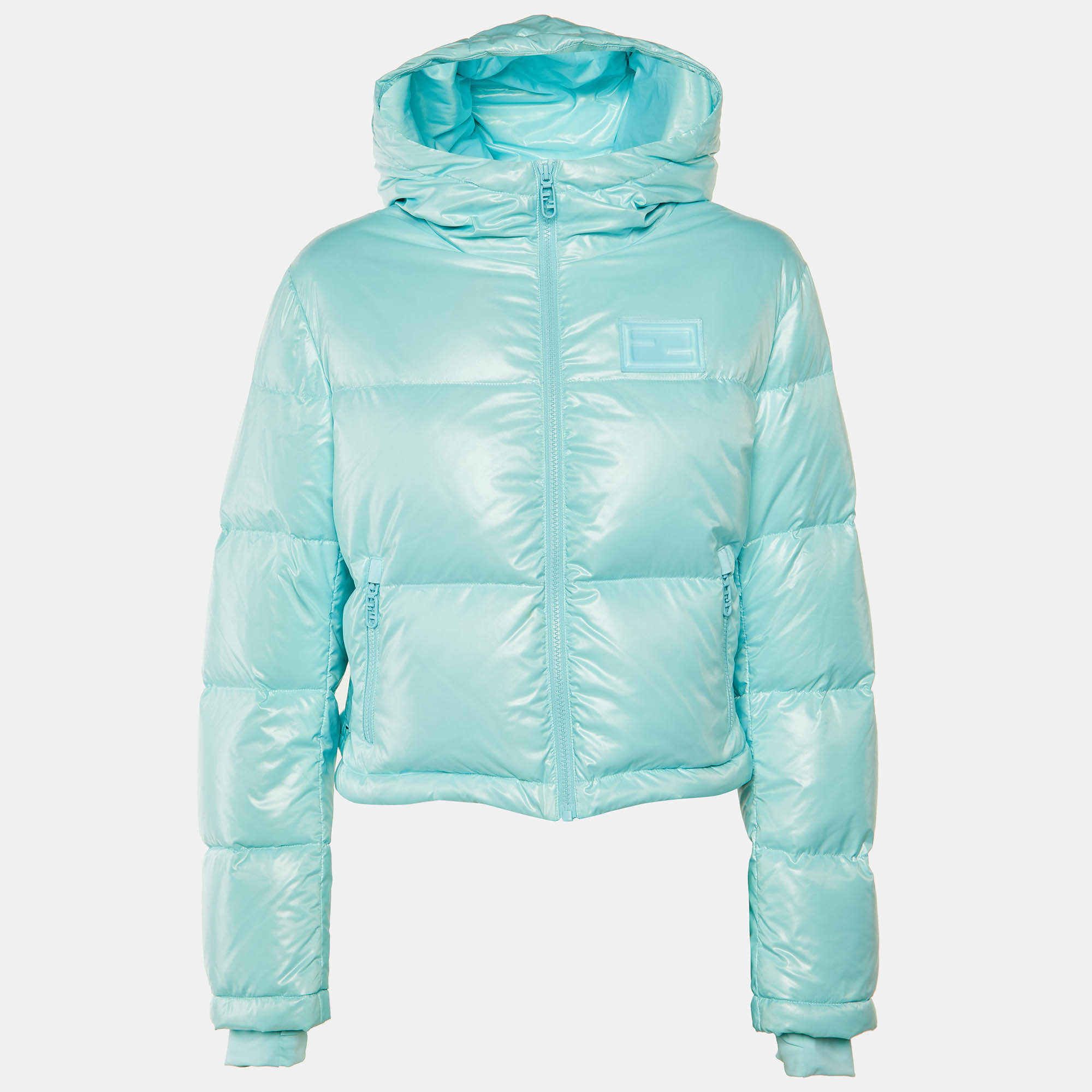 Pre Owned Fendi Sea Blue Synthetic Hooded Puffer Jacket L