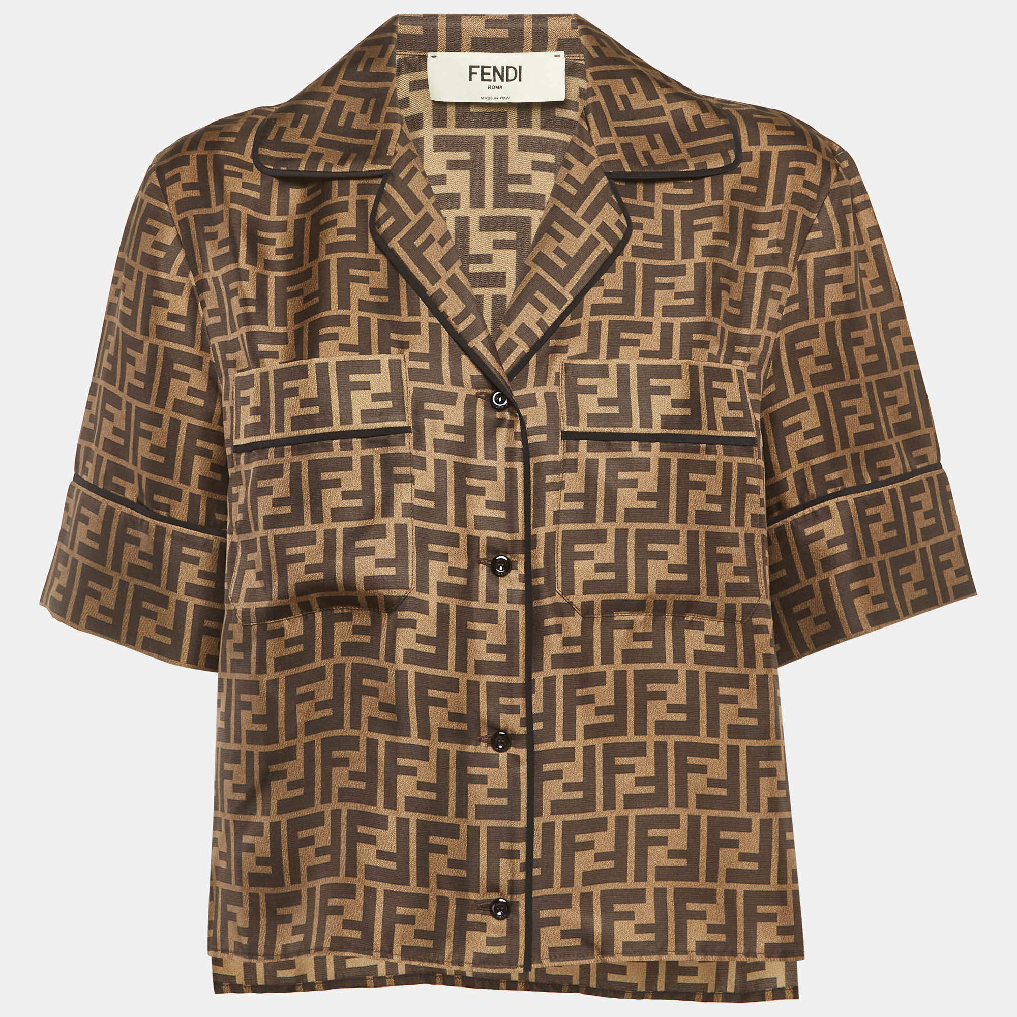 Pre Owned Fendi Brown Zucca Print Silk Short Sleeve Shirt S