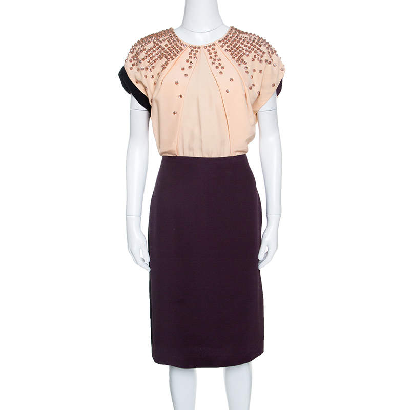 Pre Owned Fendi Colorblock Embellished Bodice Midi Dress M