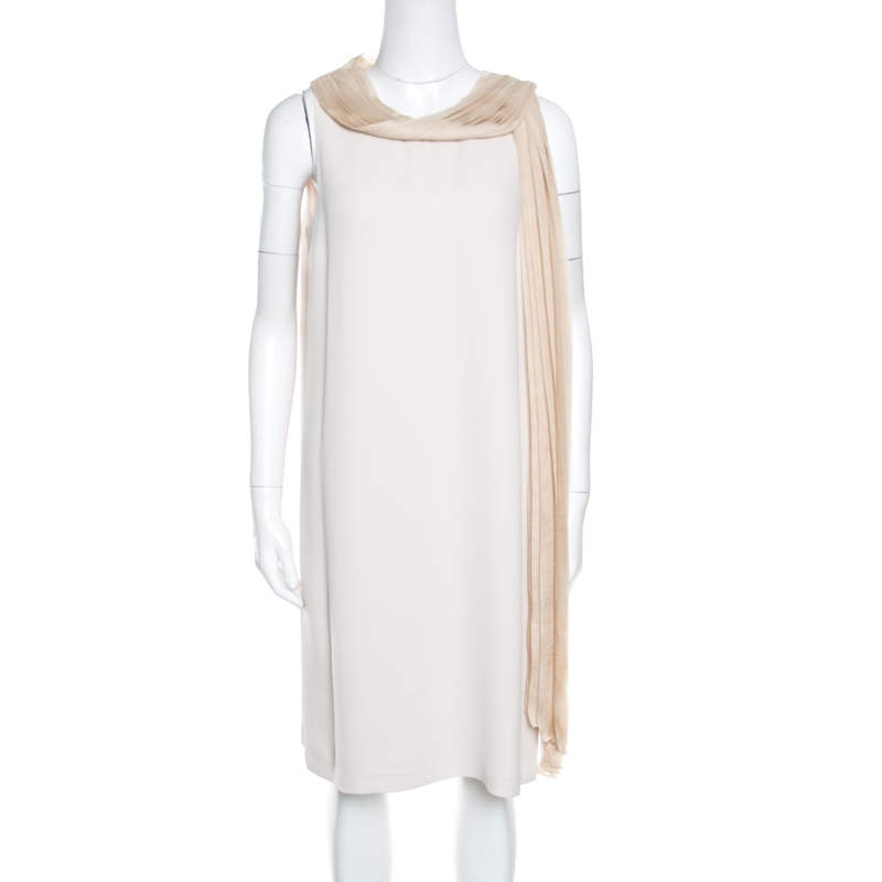 Pre Owned Fendi Beige Silk Pleated Faux Scarf Neck Detail Sleeveless Dress S